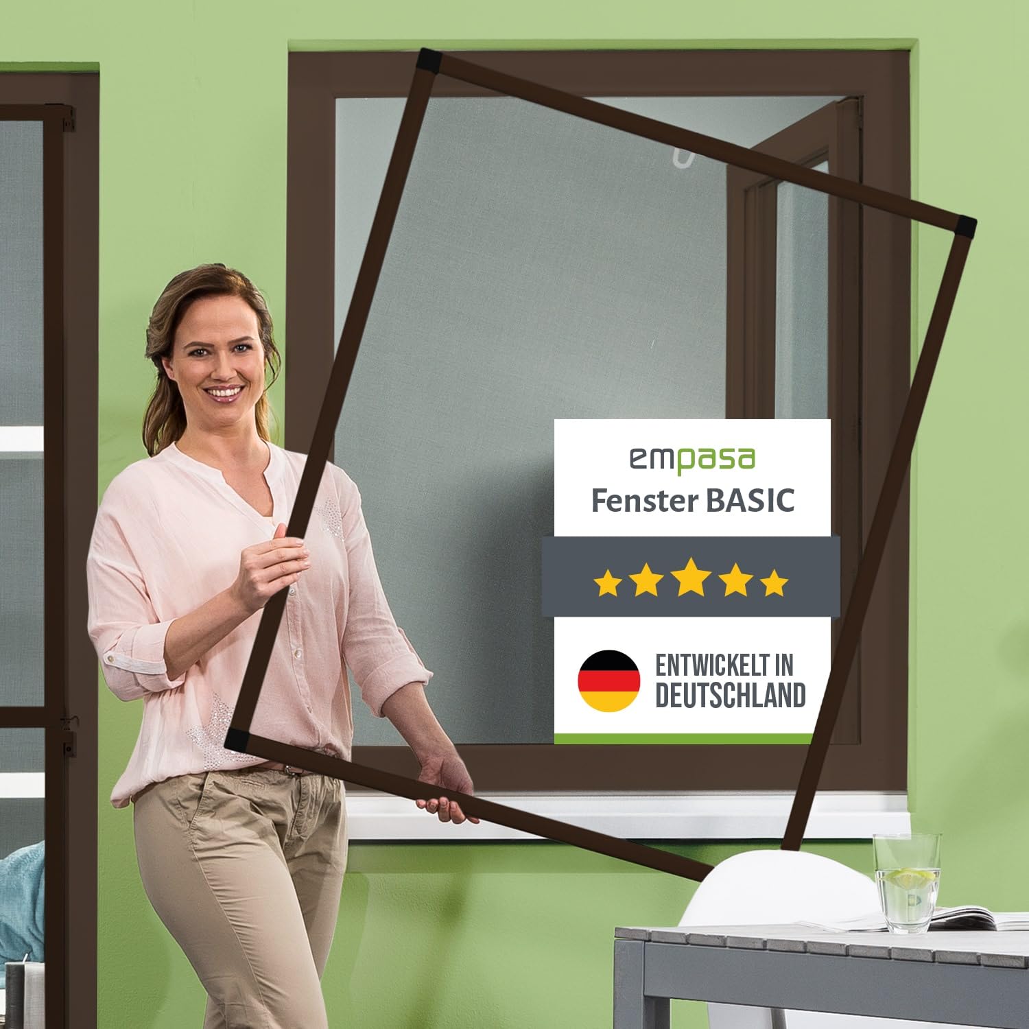 empasa Insektenschutz Fenster Basic mit Alurahmen und FILATEC® Gewebe in Schwarz, kürzbarer Bausatz zur Selbstmontage, Farbe:braun, Größe:130 x 150