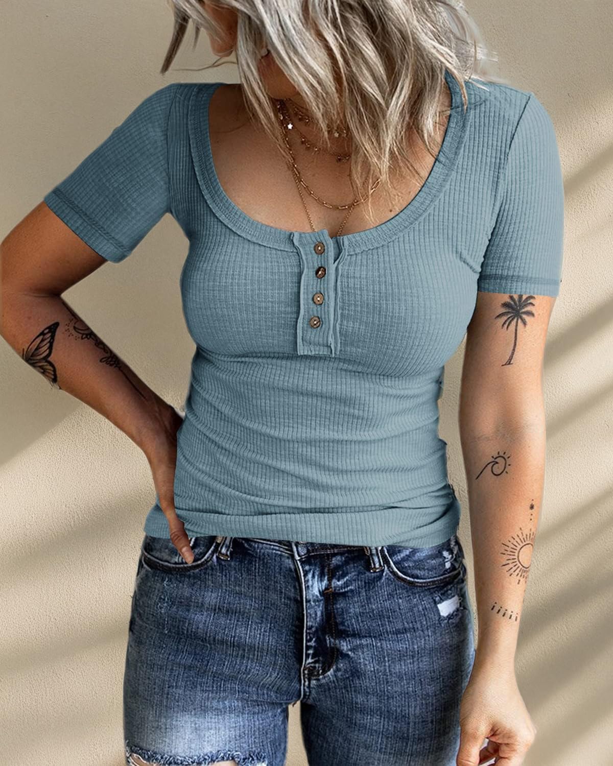 KINLONSAIR Women’s Short Sleeve Henley T Shirts Button Down Slim Fit Tops Scoop Neck Ribbed Knit Shirts - Image 6