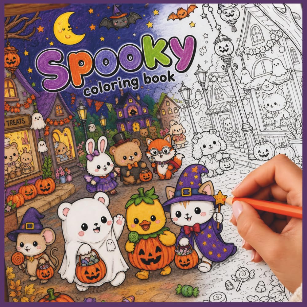 Spooky Coloring Book for Teens and Adults: Cozy Hygge Ghosts, Animals, Pumpkins and Cozy Scenes | Cutie Detailed Relaxing Coloring Pages Single-Sided - Cozy Spaces Coloring