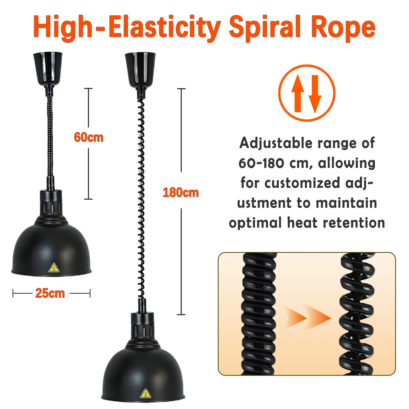 Lampada Riscaldante per Alimenti Regolabile 60-180cm (Nero-25cm, 5) | Sospeso Lampade Scaldavivande per Cucina e Buffet, Lampade Riscaldanti Cucina, Mantiene il Cibo Caldo in Modo Stabile