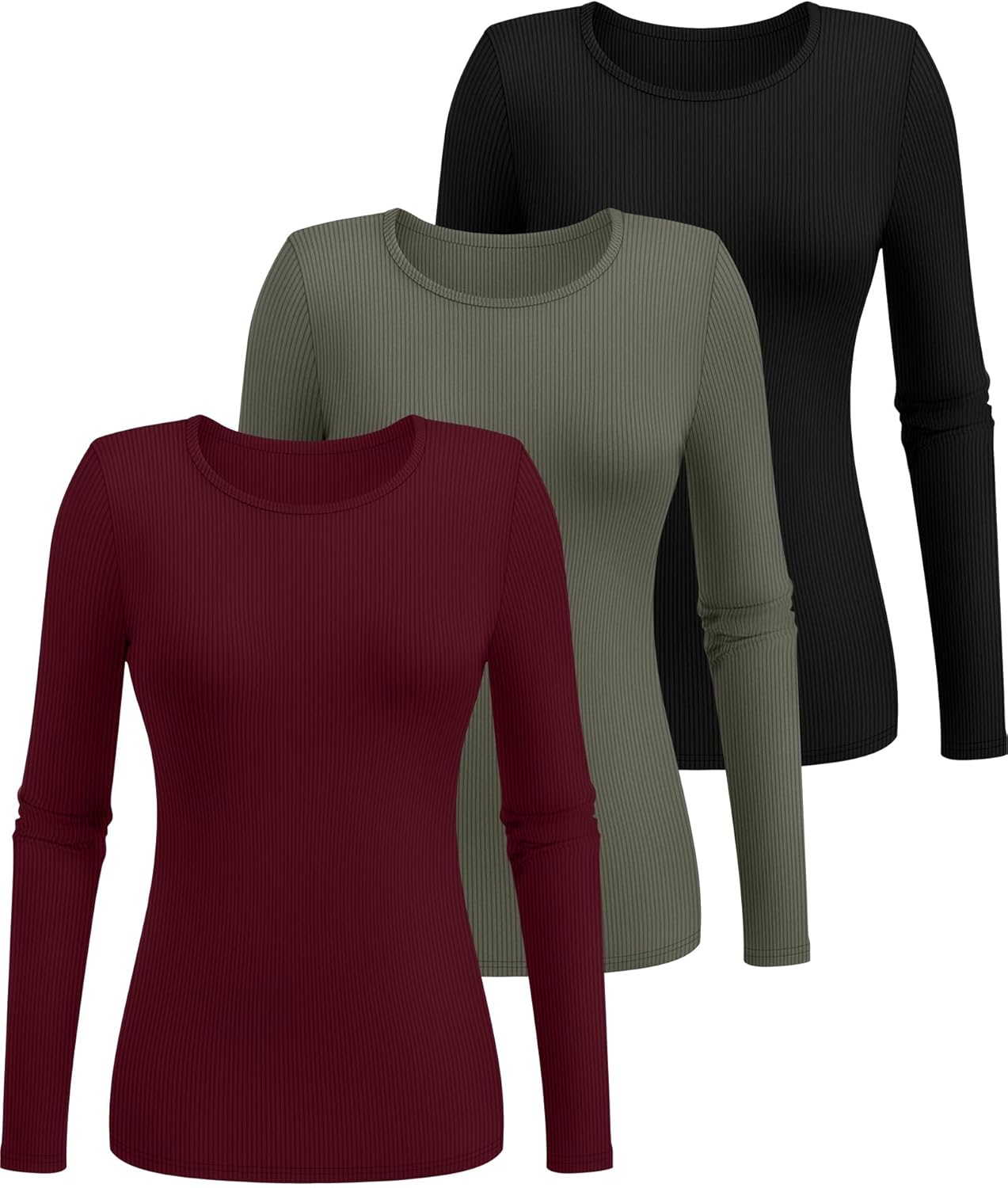 Ficerd 3 Pack Women's Ribbed Long Sleeve Tops, Crew Neck Slim Fit Undershirts Knit Basic Casual Stretch Layering Tee Shirts - Image 3