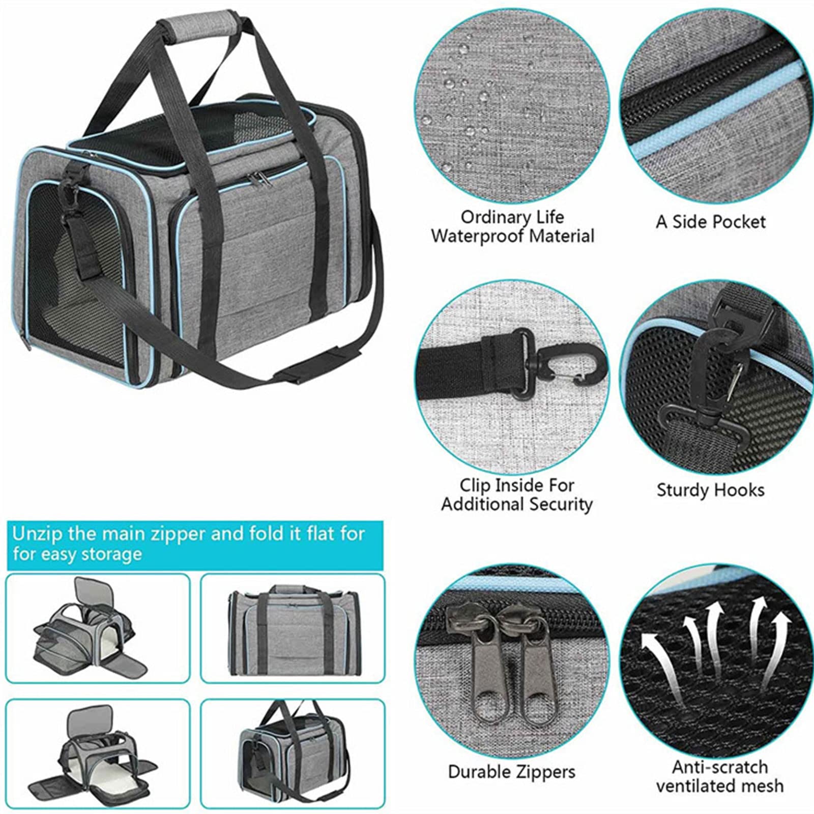 Bolsa transportadora para perros de viaje para mascotas, bolsa de transporte de gran capacidad para gatos con correas, suministros de bolsa para gatos