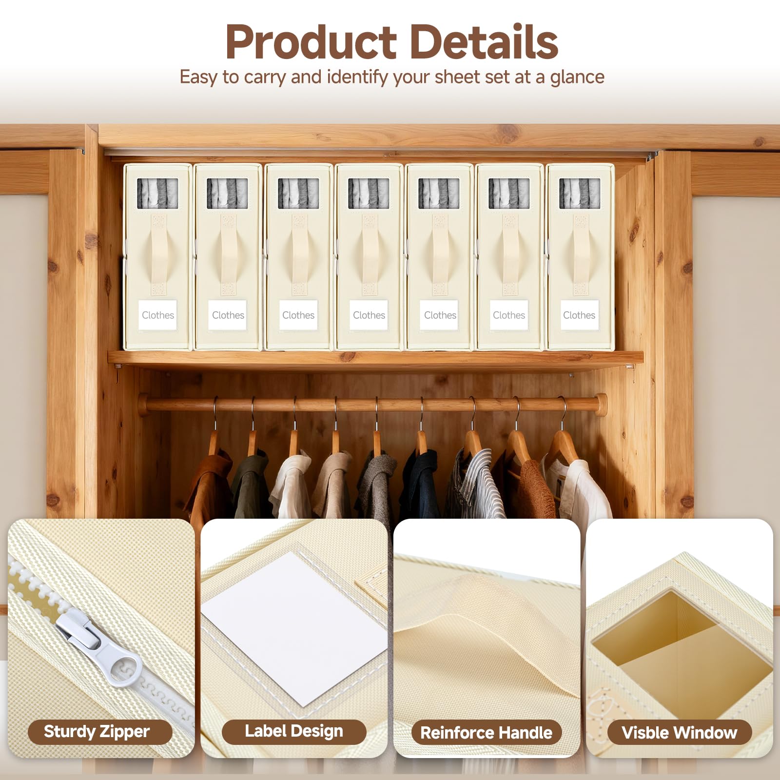 6 Pezzi Organizer Lenzuola Per Armadio, Sacche Per Lenzuola Pieghevoli, Scatole Porta Biancheria Da Letto Con Finestra, Contenitori Sottoletto Per Lenzuola, Copripiumini, Vestiti E Coperte, Beige