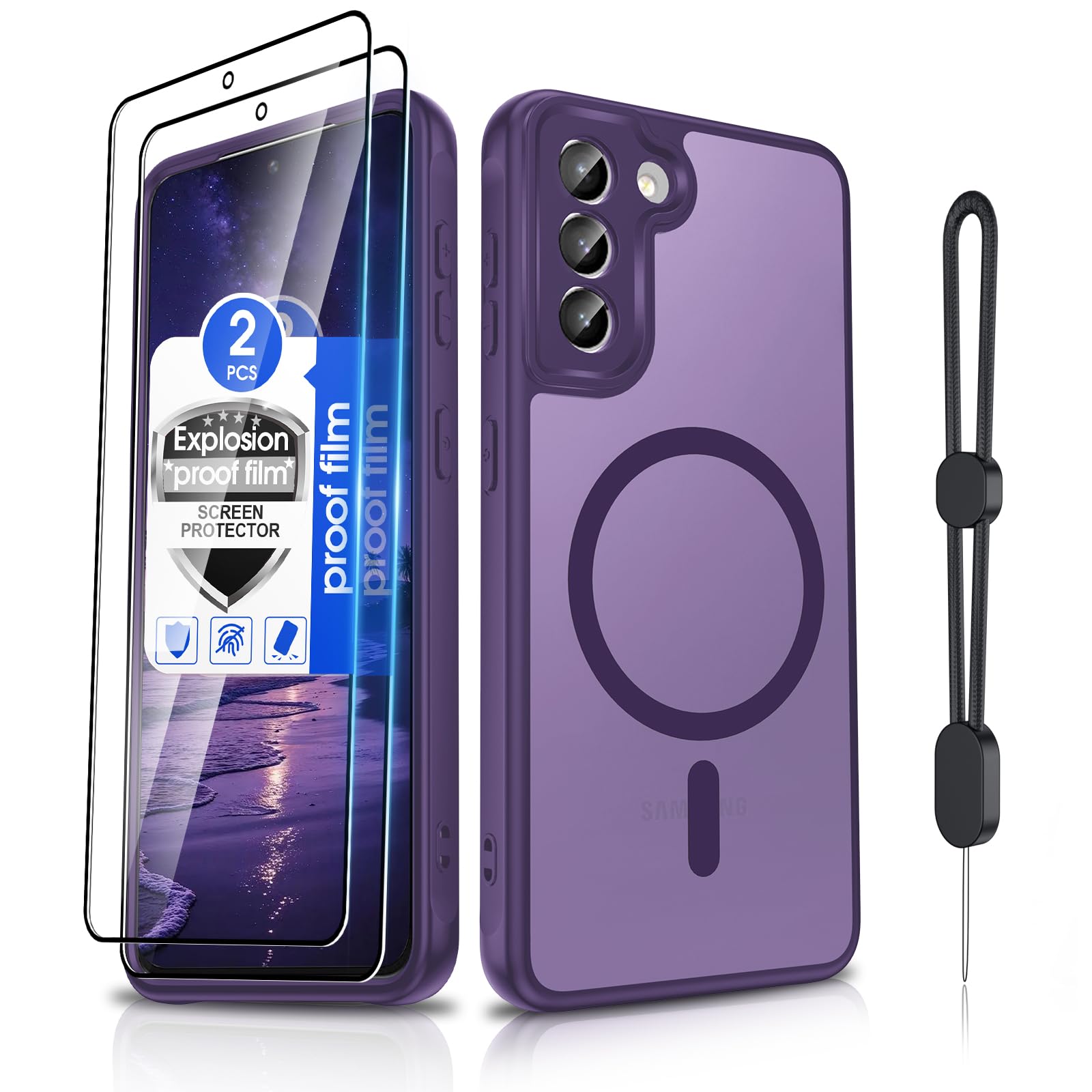 Dizn for Samsung Galaxy S21 Case:with Explosion-Proof Film,[Compatible with MagSafe],Matte Translucent &amp; Slim Soft Phone Case,Military Grade Shockproof Protective 6.2-Inch S21,Purple
