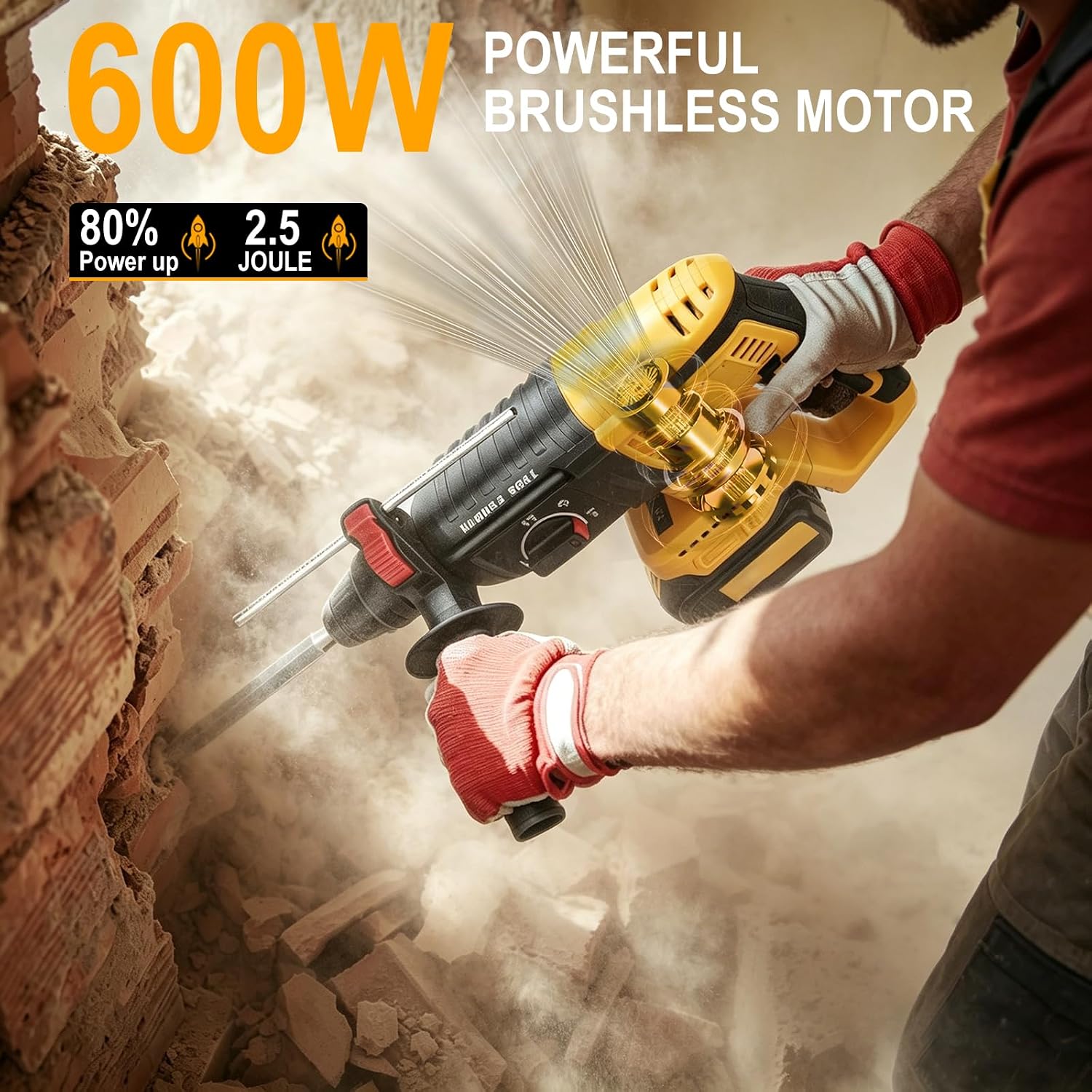 SDS Cordless Hammer Drill Compatible with DeWalt 20V Battery, 4-in-1 Brushless Rotary Hammer with Dual Safety Design, Suitable for Concrete, Masonry, Wood and Metal (Battery Not Included)