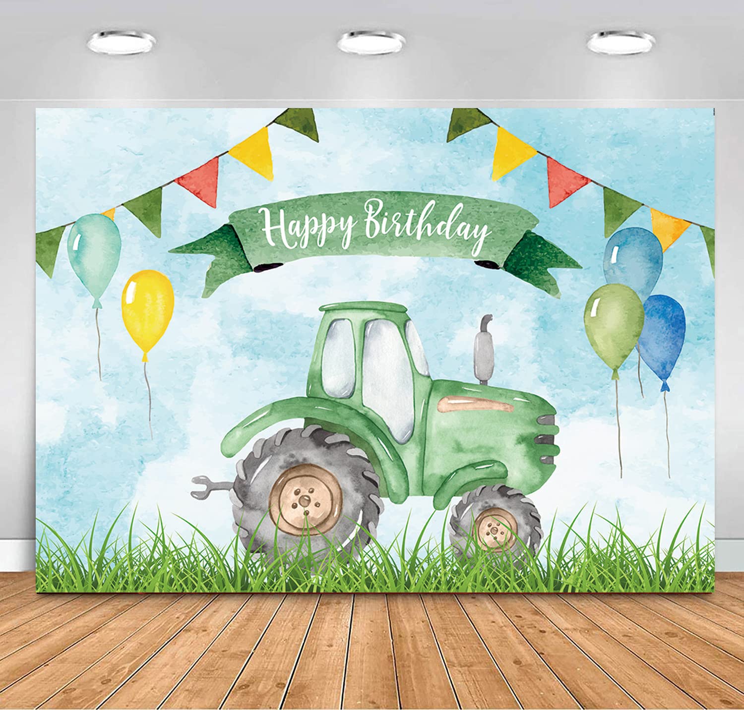 7x5FT Green Tractor Children Happy Birthday Backdrops Colorful Balloon Flags Background Supplies for Kids Newborn Birthday Decorations Photo Booth