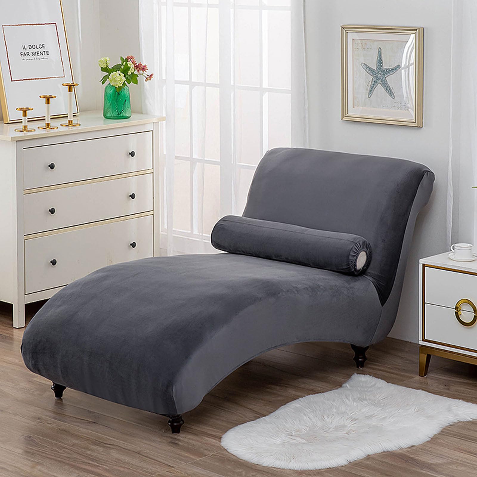 Stretch Chaise Chair Covers Velvet Chaise Lounge Cover Chaise Slipcover Armless Chaise Lounge Pet Machine Washable Recliner Sofa Slipcover(Color:Dark Grey)