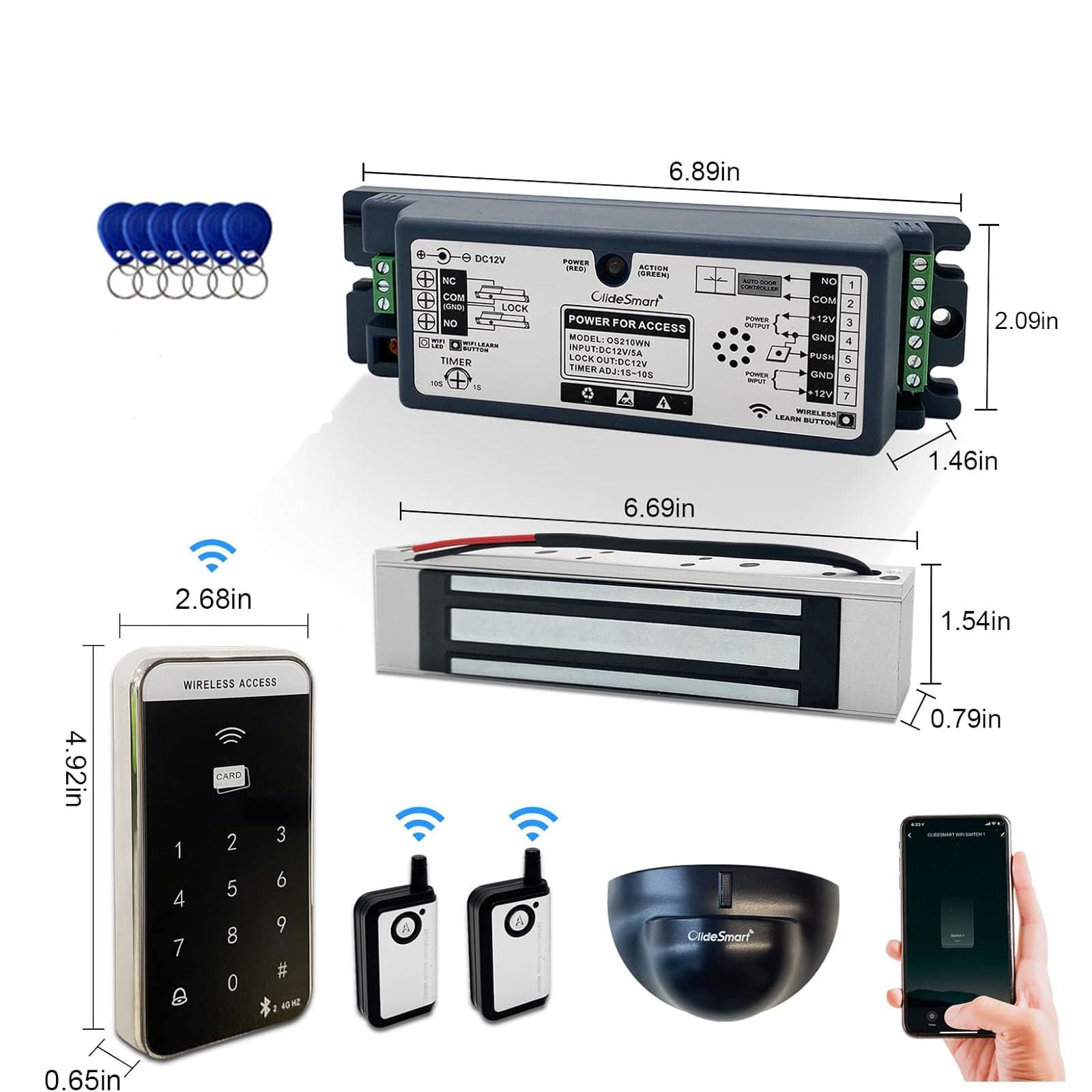 Olide 2.4GHz WiFi Control de acceso 300lb Holding Force Kit de sistema de bloqueo de puerta magnético eléctrico con control remoto y aplicaciones, emparejado con teclado de acceso de contraseña y