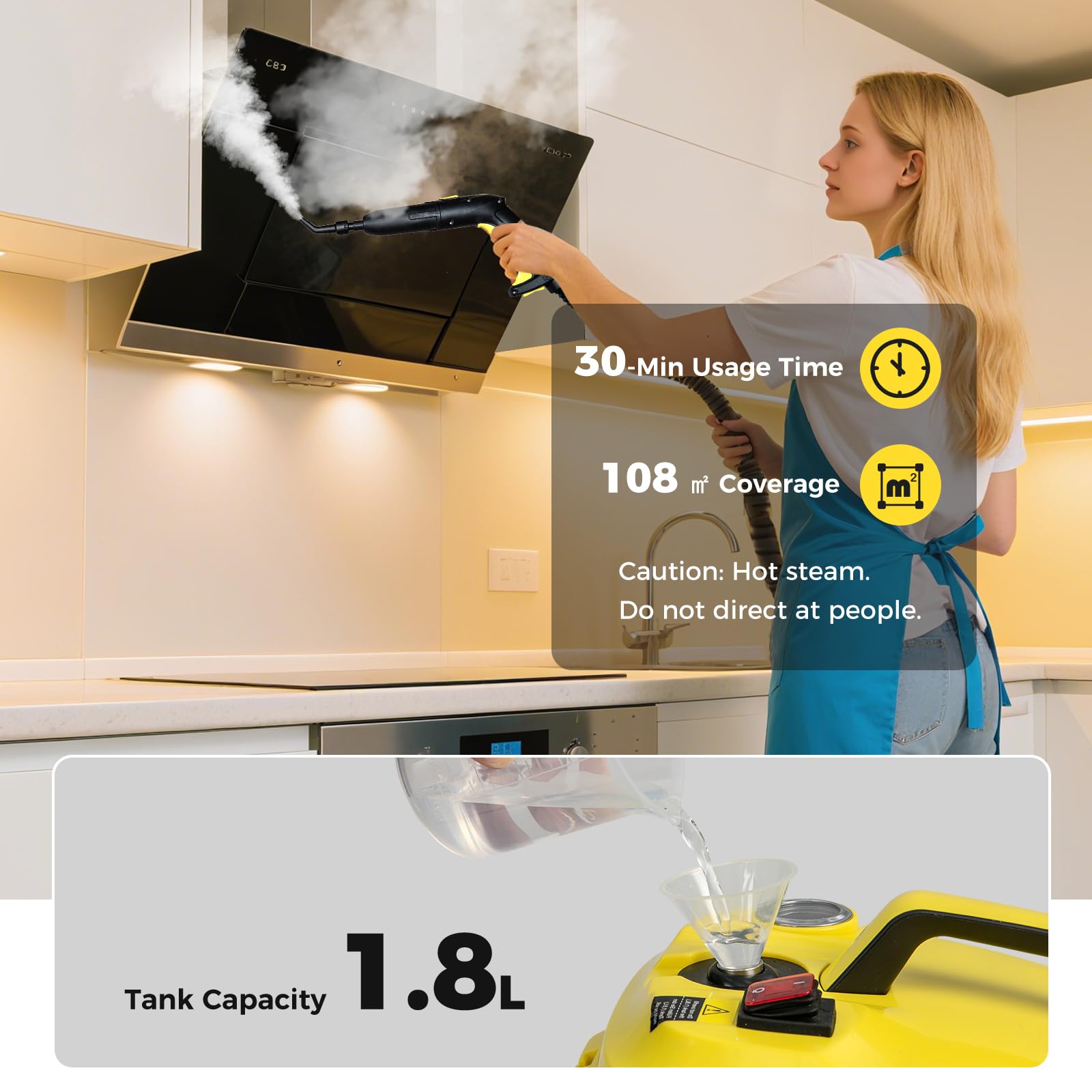 SOARS Potente Pulitore a Vapore 2000W, 14 Accessori, Pressione Massima 5 Bar, Temperatura 160℃, Riscaldamento Rapido 8 Minuti, Serbatoio 1,8L, per Pavimenti, Divani, Cucina, Superficie 108 m² (Giallo)