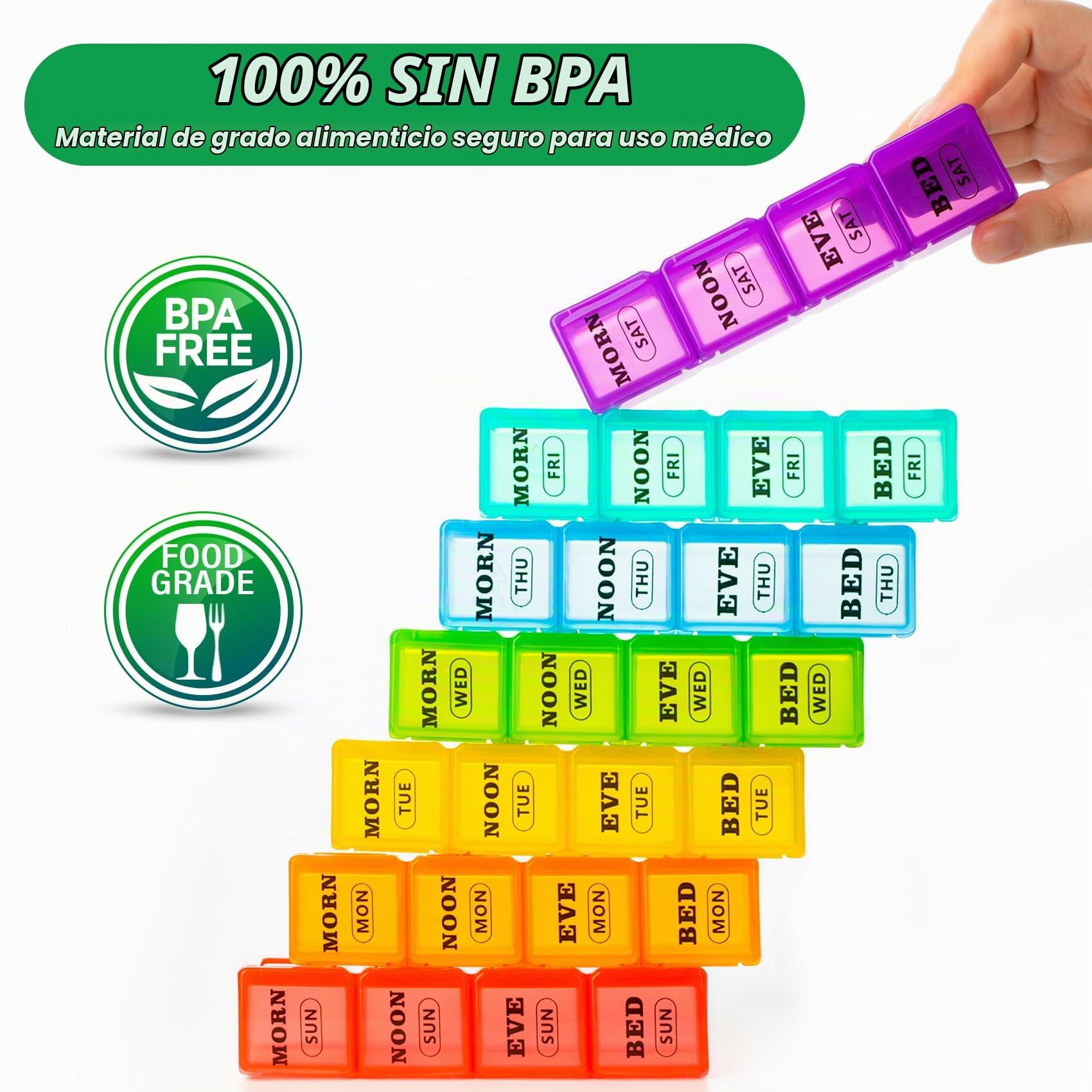 Pastillero Semanal 4 Tomas Diarias, Organizador de Pastillas 7 Días con 28 Compartimentos, Pastillero Semanal Diario para Vitaminas Aceites Suplementos | Extra grande para aceites de pescado, bandejas diarias desmontables, tapa segura, capacidad mensual d
