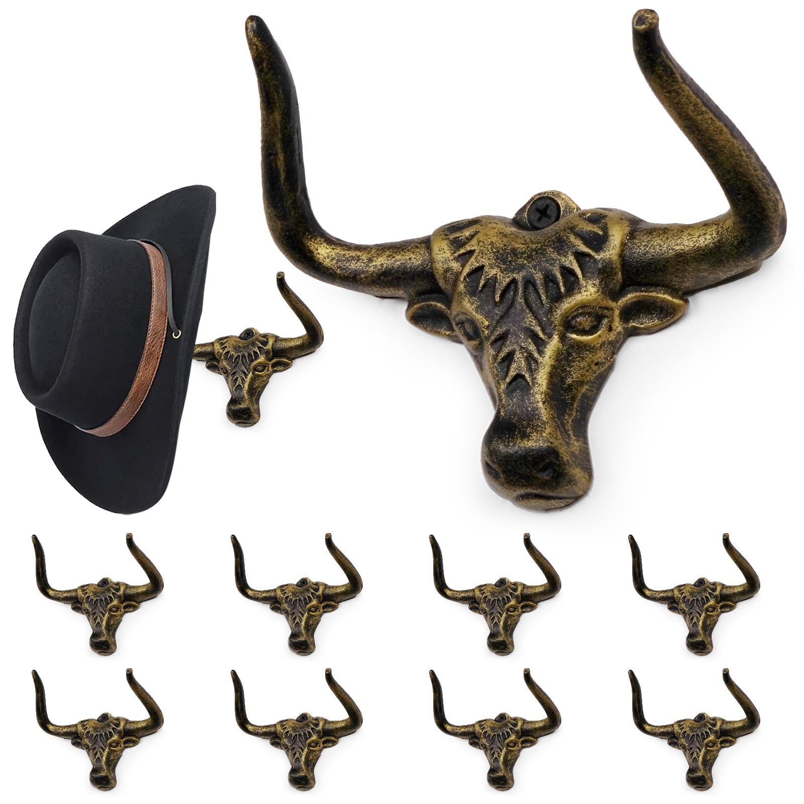 Filano Cowboy Hat Rack for Wall 8 Pack Western Longhorn Cowboy Hat Holder Cast Iron Vintage Rustic Hat Hanger Hat Hooks for Storage Closet Bedroom Living Room Men's Gift Antique Gold