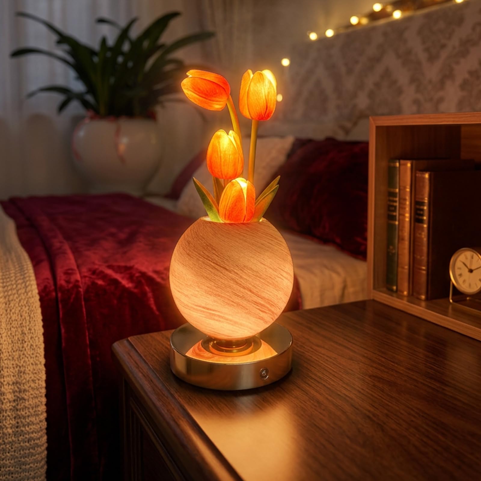ALEENFOON Tulip Flower Lamp,USB Rechargeable Bedside Lamps,3 Colors Dimmable Night Light,Artificial Tulip Cordless Lamp,Touch Lamps Bedside,Home Decoration,Gifts for Girl Women Mom