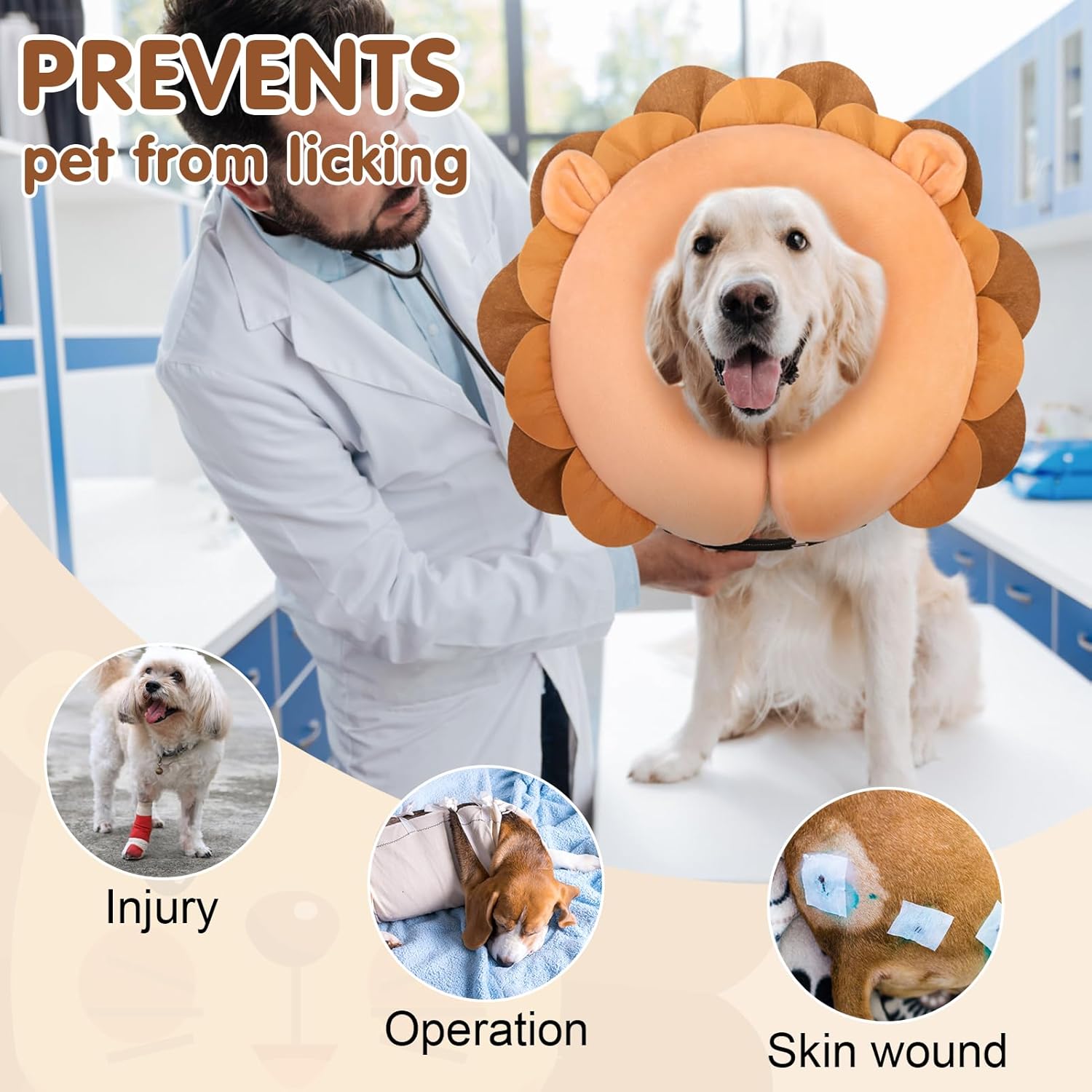 BEAUTYZOO Dog Cone Alternative After Surgery for Large Medium Small Dogs, Soft Inflatable Cone Collar for Dogs Cats, Dog Neck Donut E Collar Dog Recovery Collar to Stop Licking, Lion, L