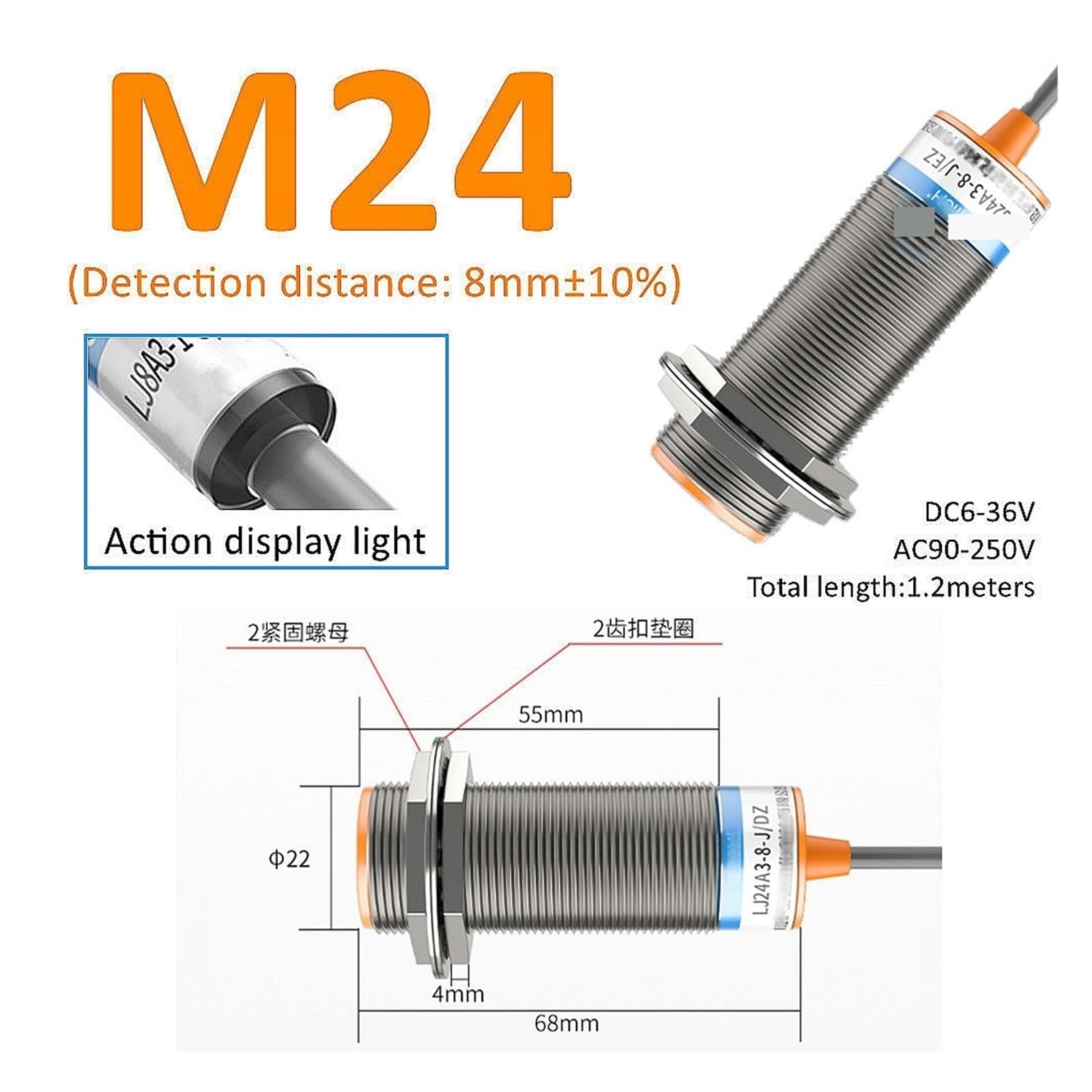 Czujnik zbliżeniowy Indukcyjny czujnik zbliżeniowy Przełącznik M8 M12 M18 30 4 mm DC 12V AC 110V NO NC NPN PNP Wykrywanie DC Typ PNP NO(M24 (osłona), typ DC PNP NC)