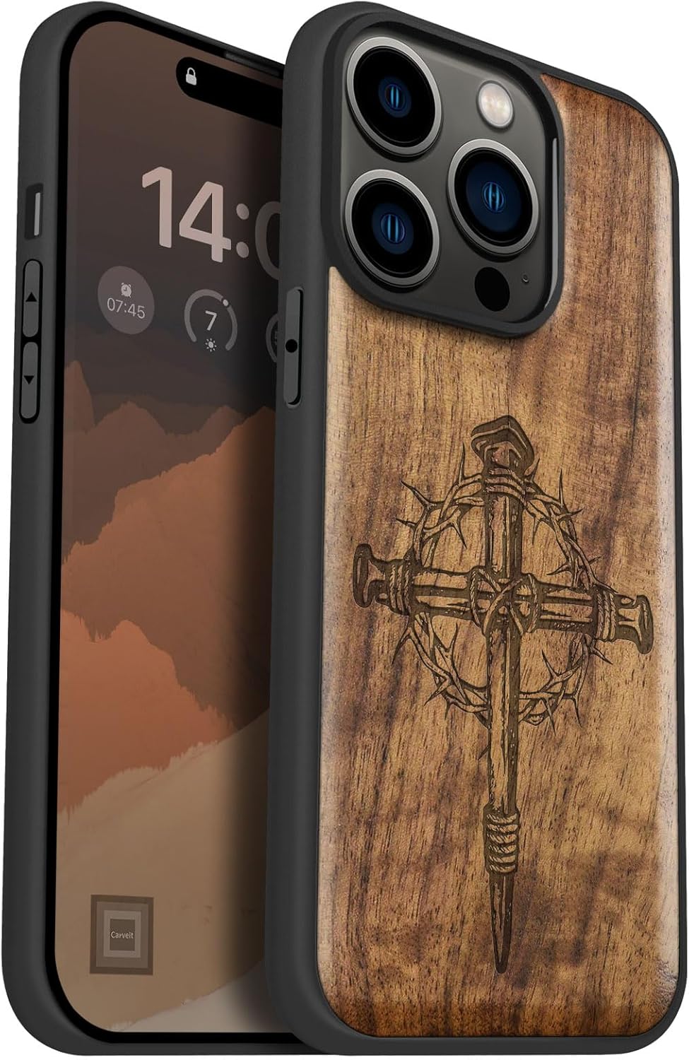 Carveit Magnetic Wood Case for iPhone 14 Pro Case [Natural Wood & Black Soft TPU] Shockproof Protective Cover Unique Wooden Case Compatible with magsafe (Crucifix Nails -Walnut)