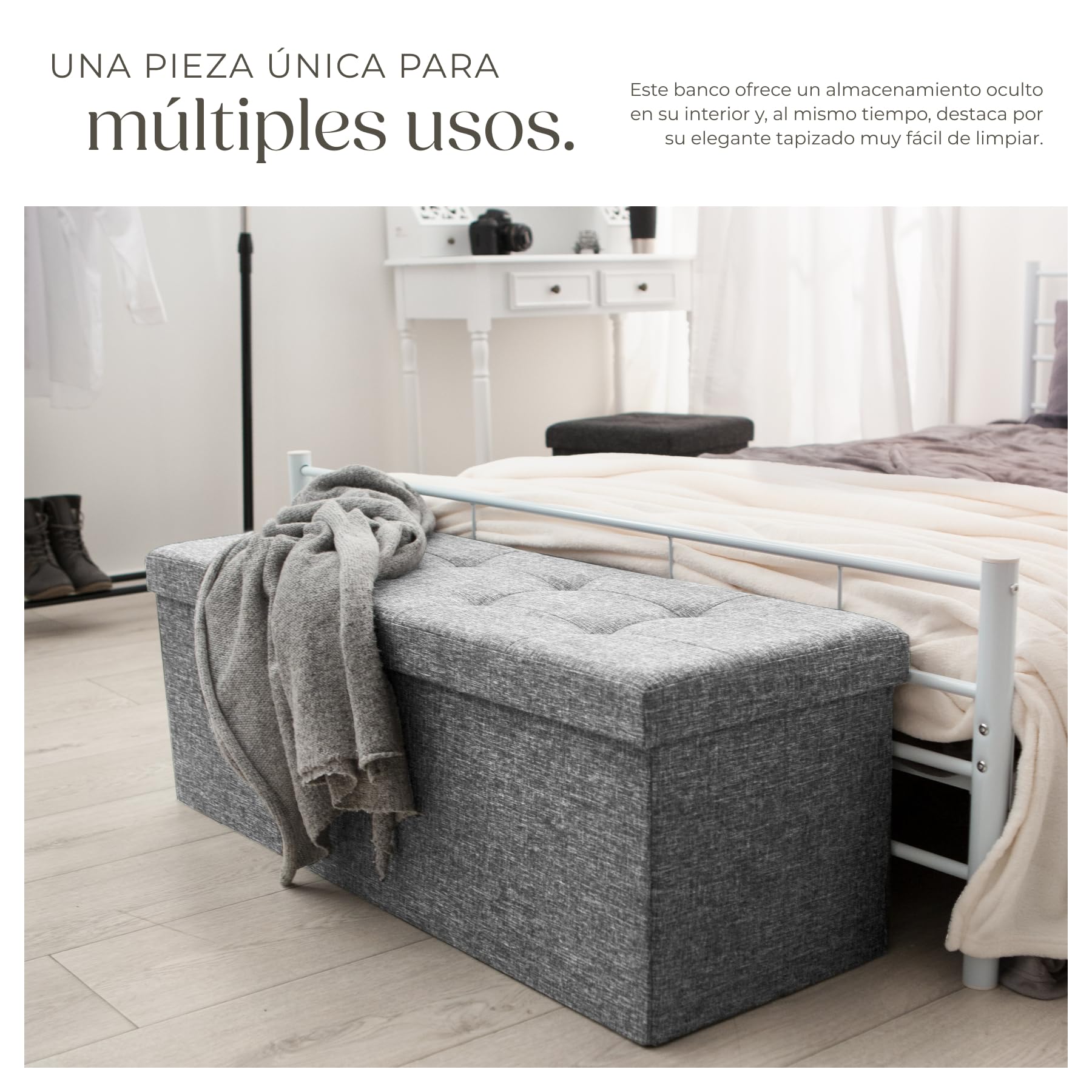 tectake® Puff Almacenaje Plegable con Asiento Acolchado y Gran Capacidad Interior, Ideal como Zapatero Entrada Recibidor o Banco con Almacenaje para el Hogar - 110 x 38 x 38 cm Gris Claro