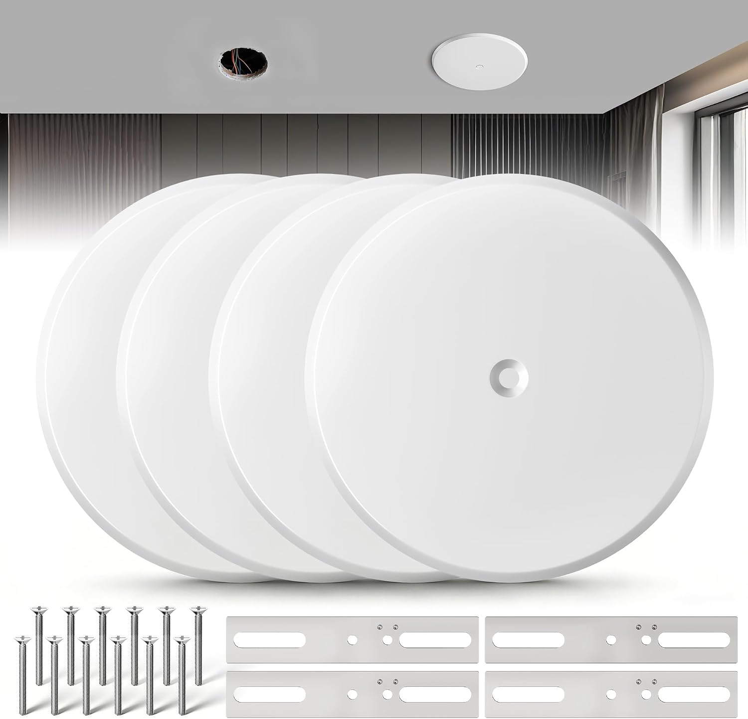 5 Inch Ceiling Cover Plate, Adjustable Bracket, White Round Blank Cover | Steel plate, 1.75-3.5in bracket, smoke detector hole, fire alarm, ceiling light, round outlet cover, 4 pack