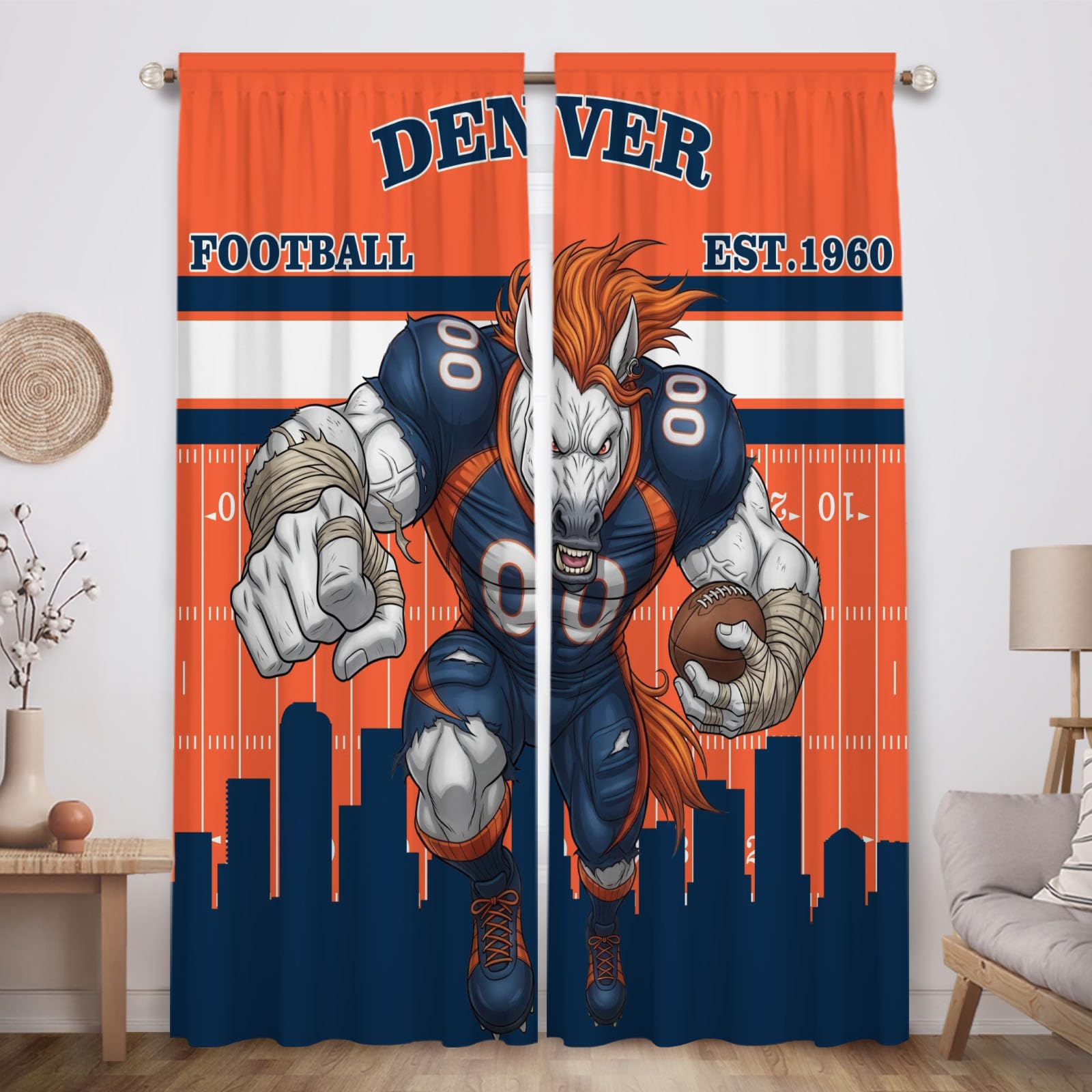 Photo 1 of Funnytree Denver American Football Orange Intensity Curtains Window Panels 82"x84" - Darkening Drapes for Bedroom Kitchen Living Room Nursery Decor, Decorations for Boys Teens Men Fans Son