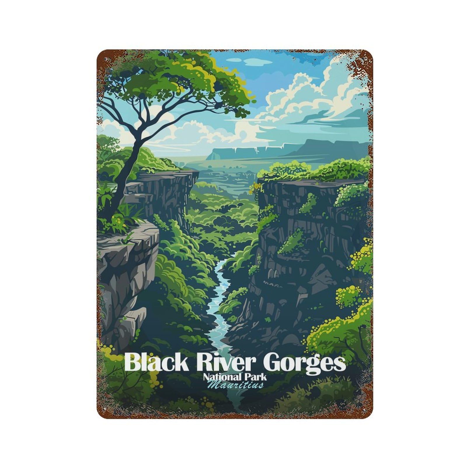 Rust Effect Tin Sign with Black River Gorges National Park, Mauritius Design 15.7"x11.8", for Pub, Kitchen And Man Cave Decor, Industrial Home Decor