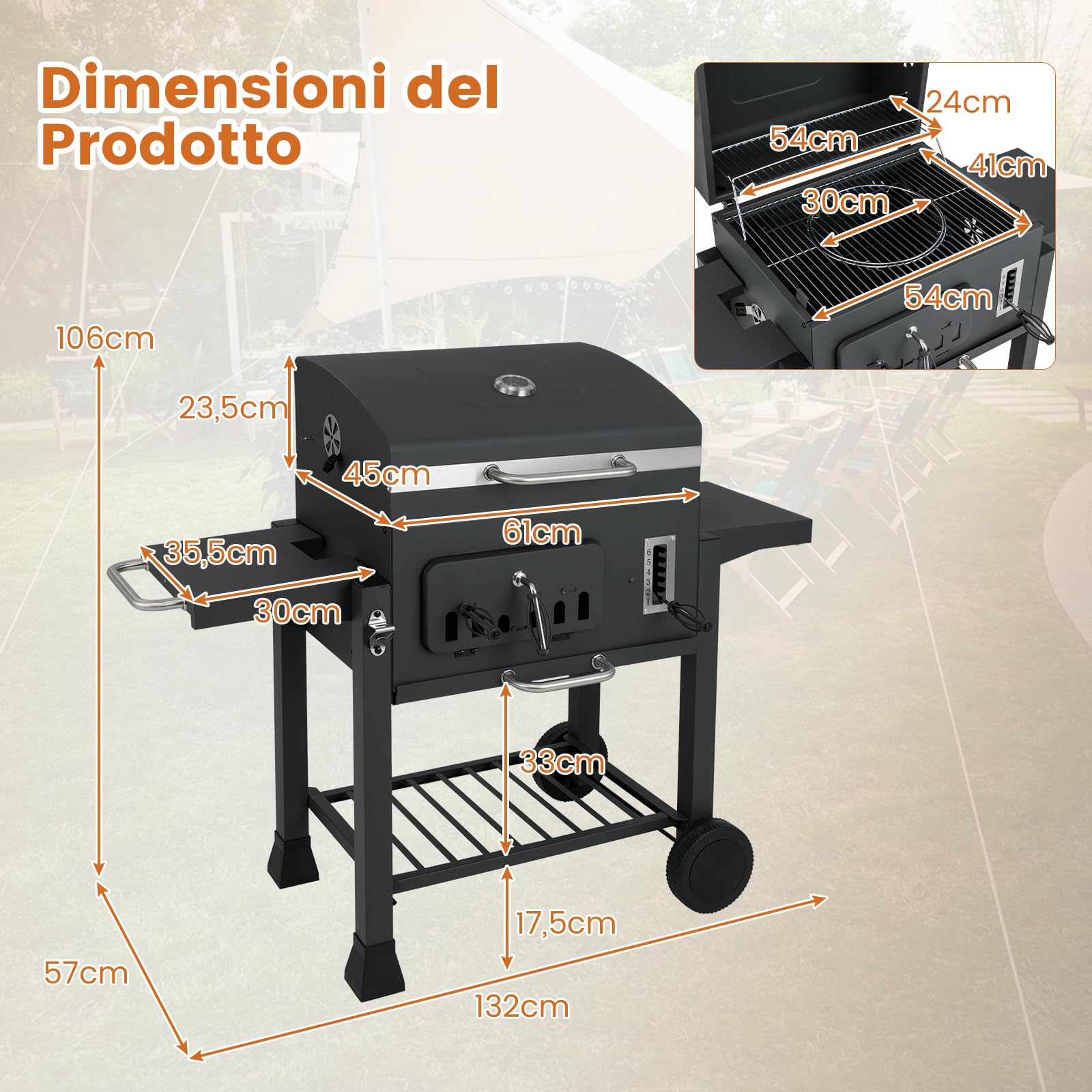 COSTWAY Barbecue a Carbone da Esterno con Ruote, Barbecue a Carbone Portatile con 2 Tavolini Pieghevoli, Vassoio del Carbone Regolabile a 6 Livelli e Ripiano di Stoccaggio, per Campeggio, Picnic