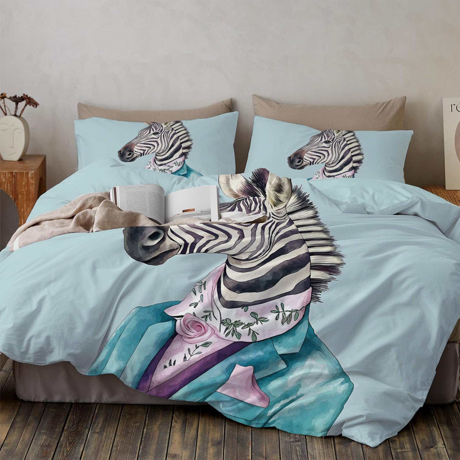 Housse de couette zèbre 220x240 pour une chambre parentale moderne couleur bleu clair pastel