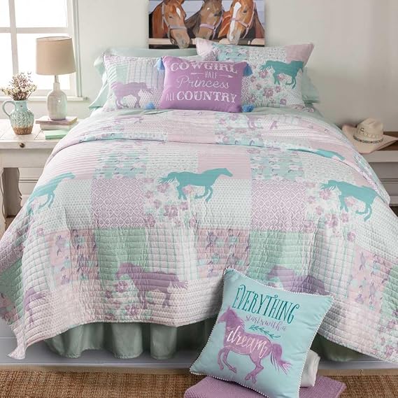 Rods Cowgirl Princess Pony Patchwork 6-Piece Twin Bed in a Bag Set Western Horse Quilt Bedding with Sham, Bedskirt, Sheets & Pillowcase Purple, Turquoise & Pink