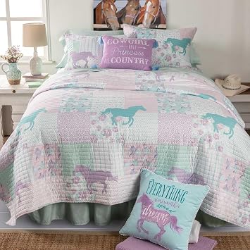 Rods Cowgirl Princess Pony Patchwork 6-Piece Twin Bed in a Bag Set Western Horse Quilt Bedding with Sham, Bedskirt, Sheets & Pillowcase Purple, Turquoise & Pink