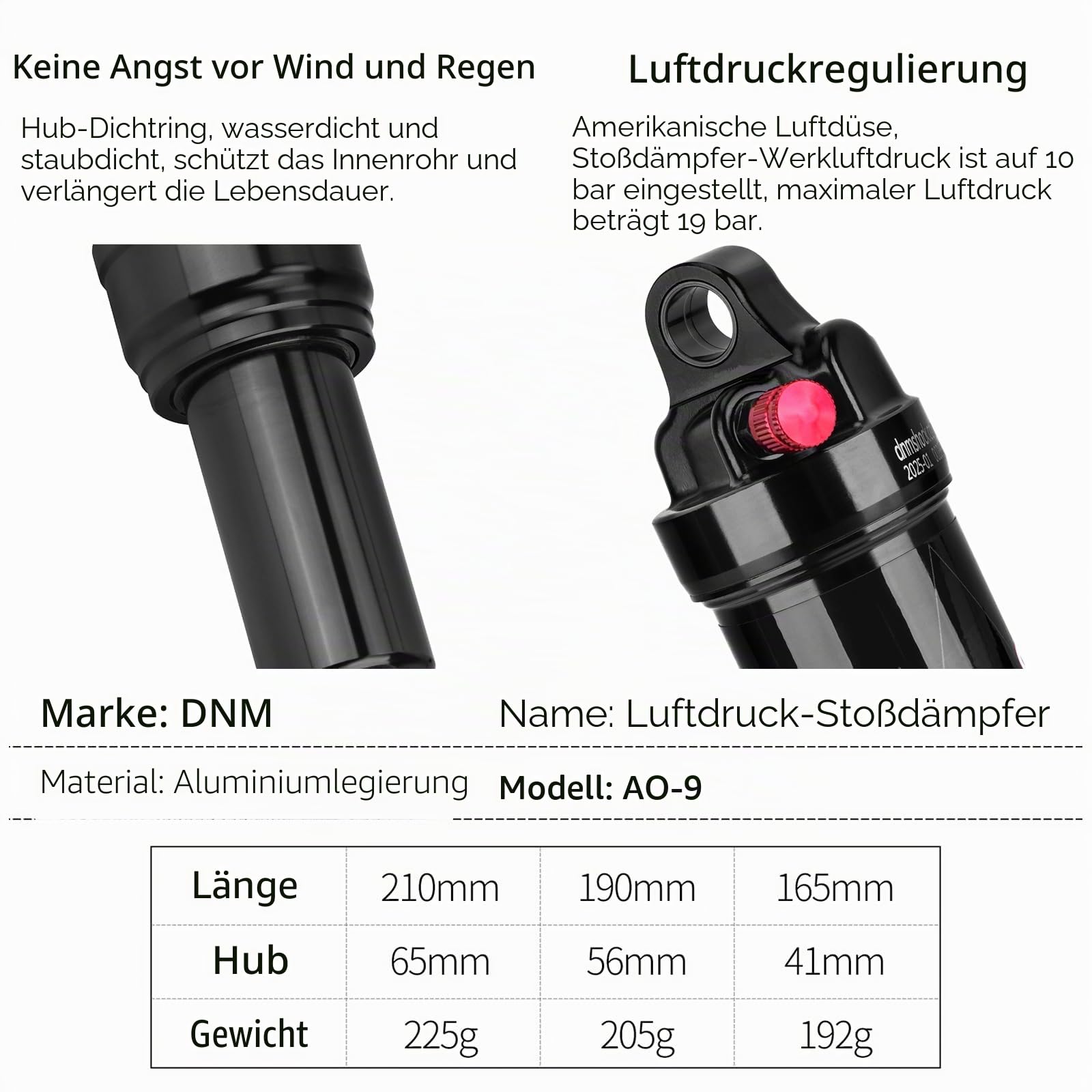 DNM AO-9 Luftfederungs-Stoßdämpfer, 65/56/41 mm Reise, 150–275 PSI verstellbar, leichte Aluminiumlegierung, MTB-Federung für 210/190/165 mm, wasserdicht und staubdicht (AO9-190 x 56 mm)