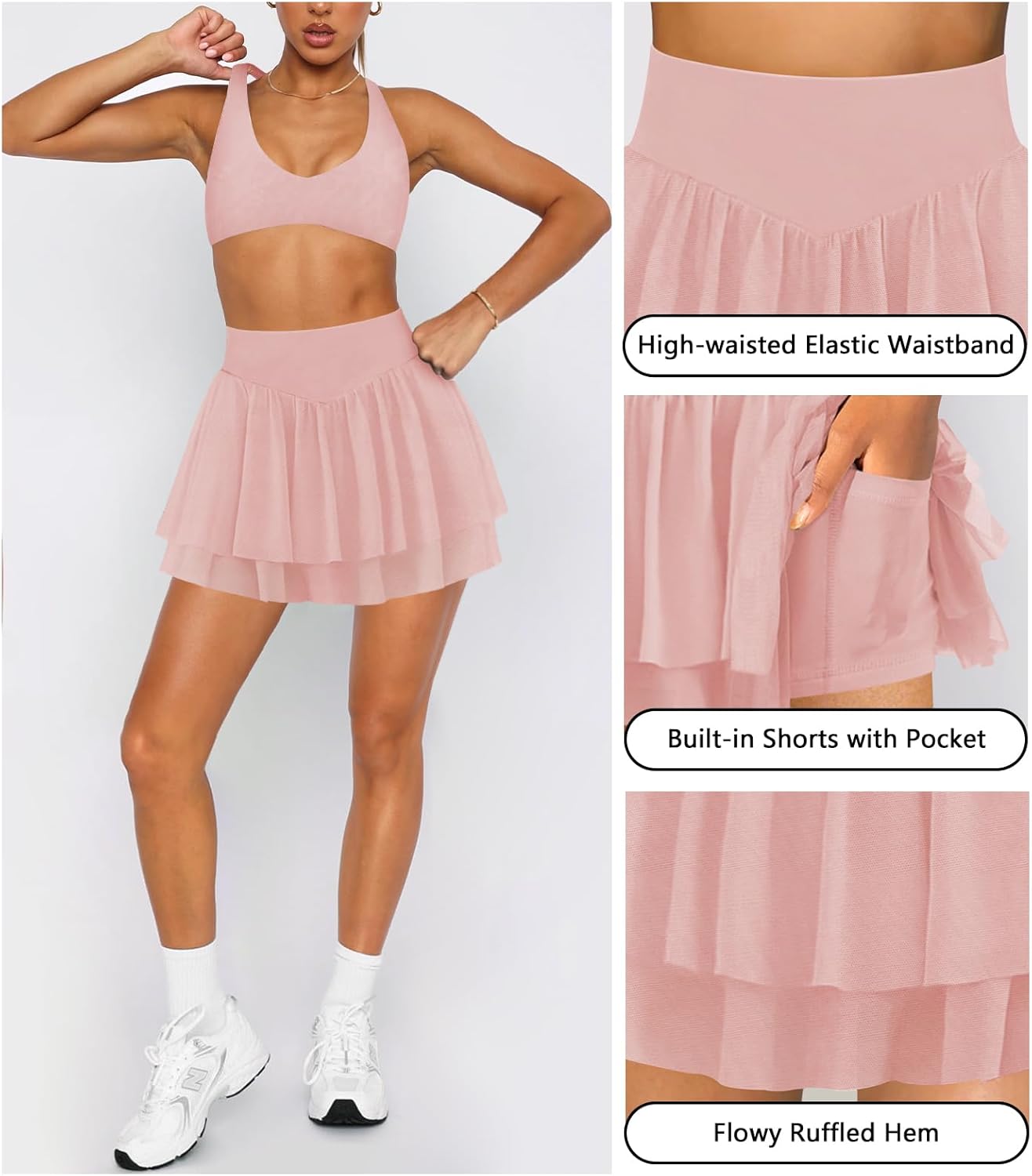 Womens Mini Pleated Skirt Skort Flowy High Waisted Ruffle Tennis Athletic Skirt for Women with Shorts Underneath Pocket - Image 4