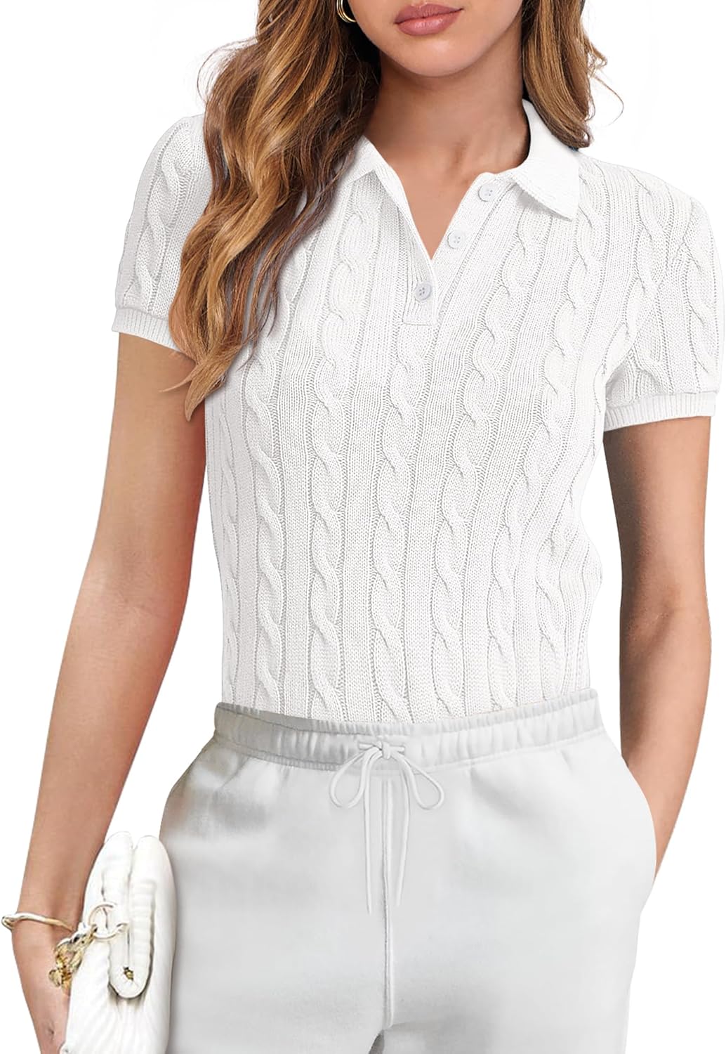 ANRABESS Women’s Short Sleeve Sweaters Tops Polo V Neck Button Cable Knit Pullover Business Shirts 2025 Summer Casual Outfits