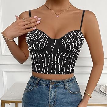 トップス spangle beads camisole bustier Segreto Women Sexy Rhinestone Tassel Crop Top Color Beaded
