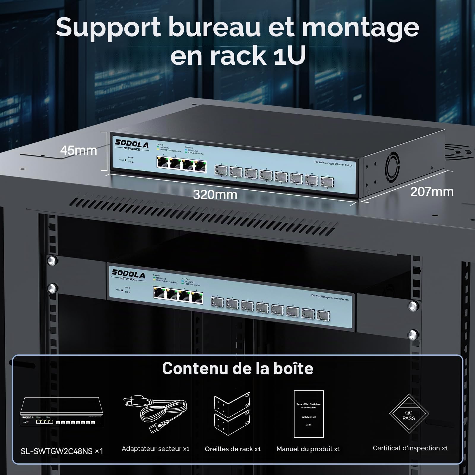 SODOLA Commutateur géré 12 ports 10 Go, 8 ports SFP+ 10 G et 4 ports 10 GBase-T, refroidissement du ventilateur, support en rack 1U, interface graphique Web pour commutateur réseau multiprise LACP/QoS