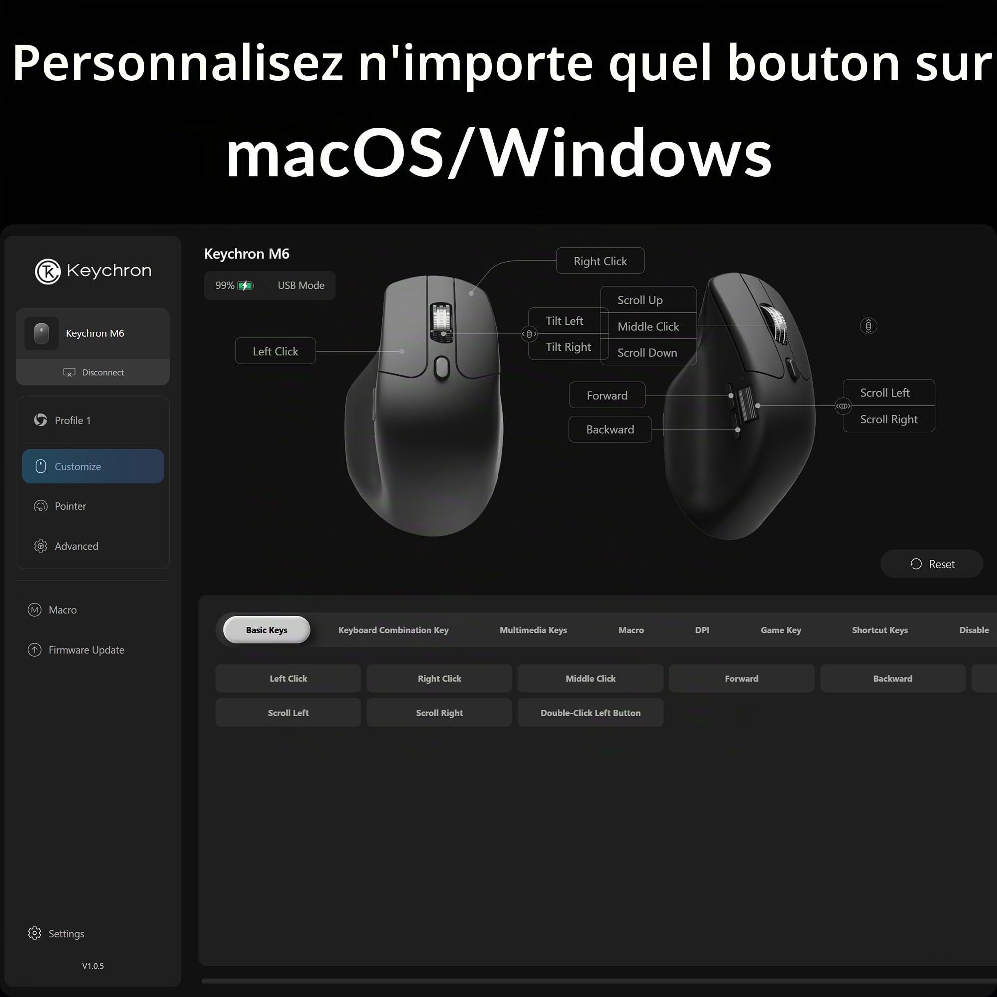 Keychron Souris Gaming M6 Silencieuse Sans Fil, 1000Hz Polling, Bluetooth 5.1/2.4GHz/Filaire, PixArt 3395 Capteur Optique Jusqu'à 26000 DPI, Légère 78g, Programmable, pour Windows/Mac/Linux - Noir