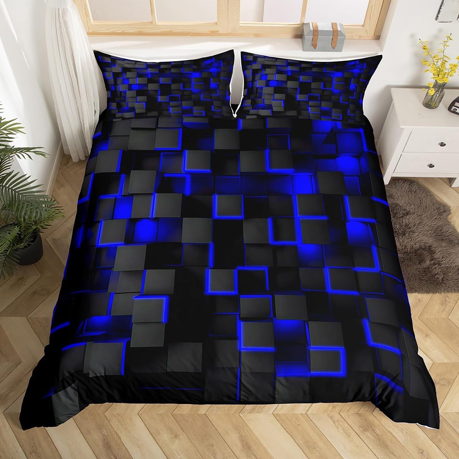 Tabeskly Boy Kids Geometry Square Lattice Bedding Double Duvet Cover Sets Bed Zipper Blue Black 200×200cm