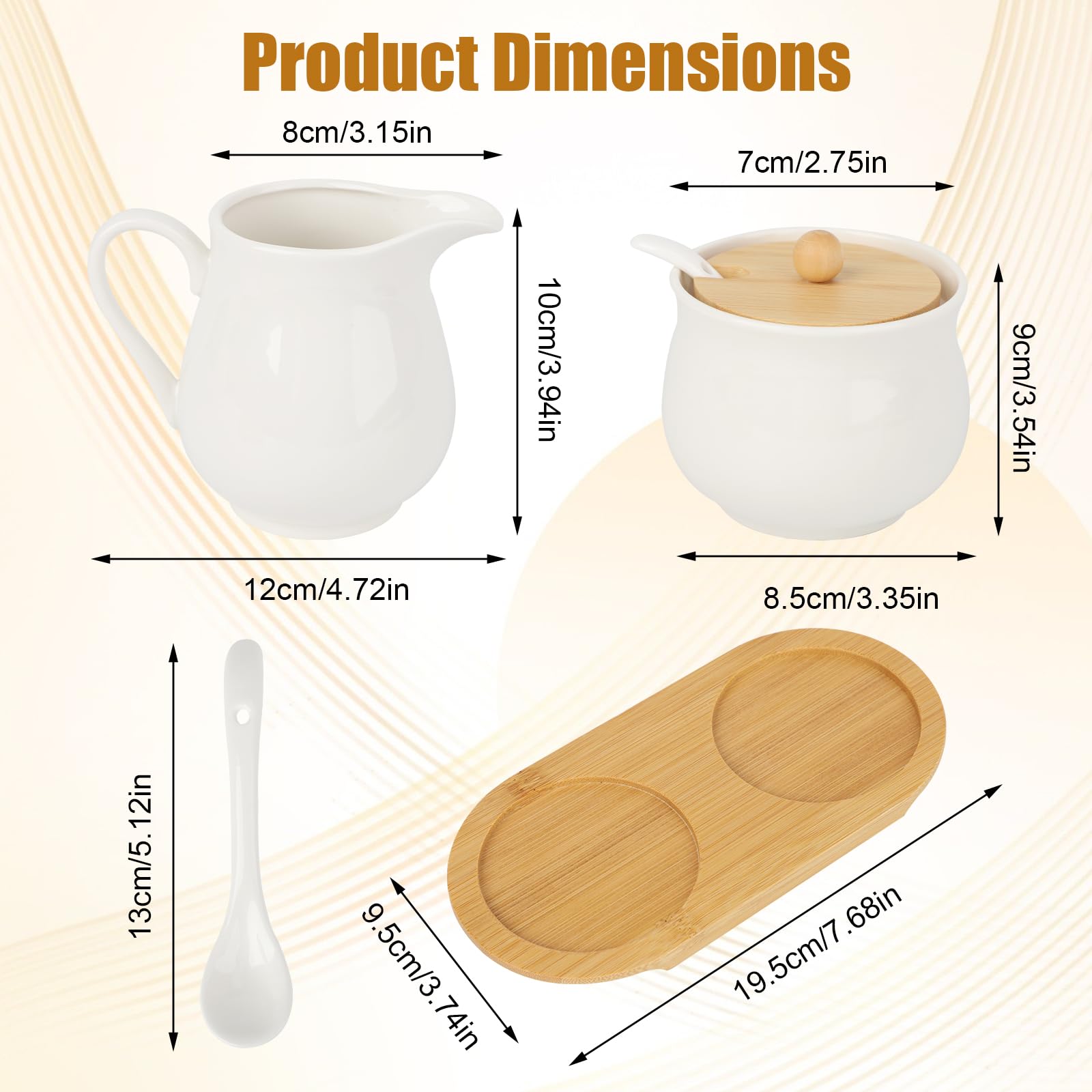 Juego de Leche y Azúcar Blanco, 260ml Jarra Leche de Cerámica y Azucarero con Cuchara y Tapa, Juego de Porcelana para Servir Café y Té con Bandeja de Madera, Apto para Microondas y Lavavajilla