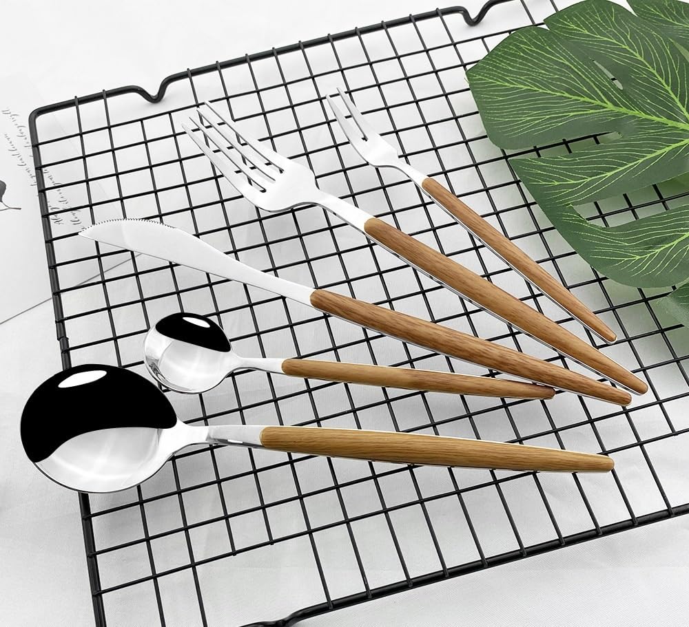 OLSKFUH Cutlery Flatware Cutlery Set, 4/16/24/32/40/48Pcs Portuguese Cutlery Imitation Wood Handle Stainless Steel Knife And Fork Spoon Set Cutlery Gold Steak Knife And Fork,Silver-40 Piece set for 8