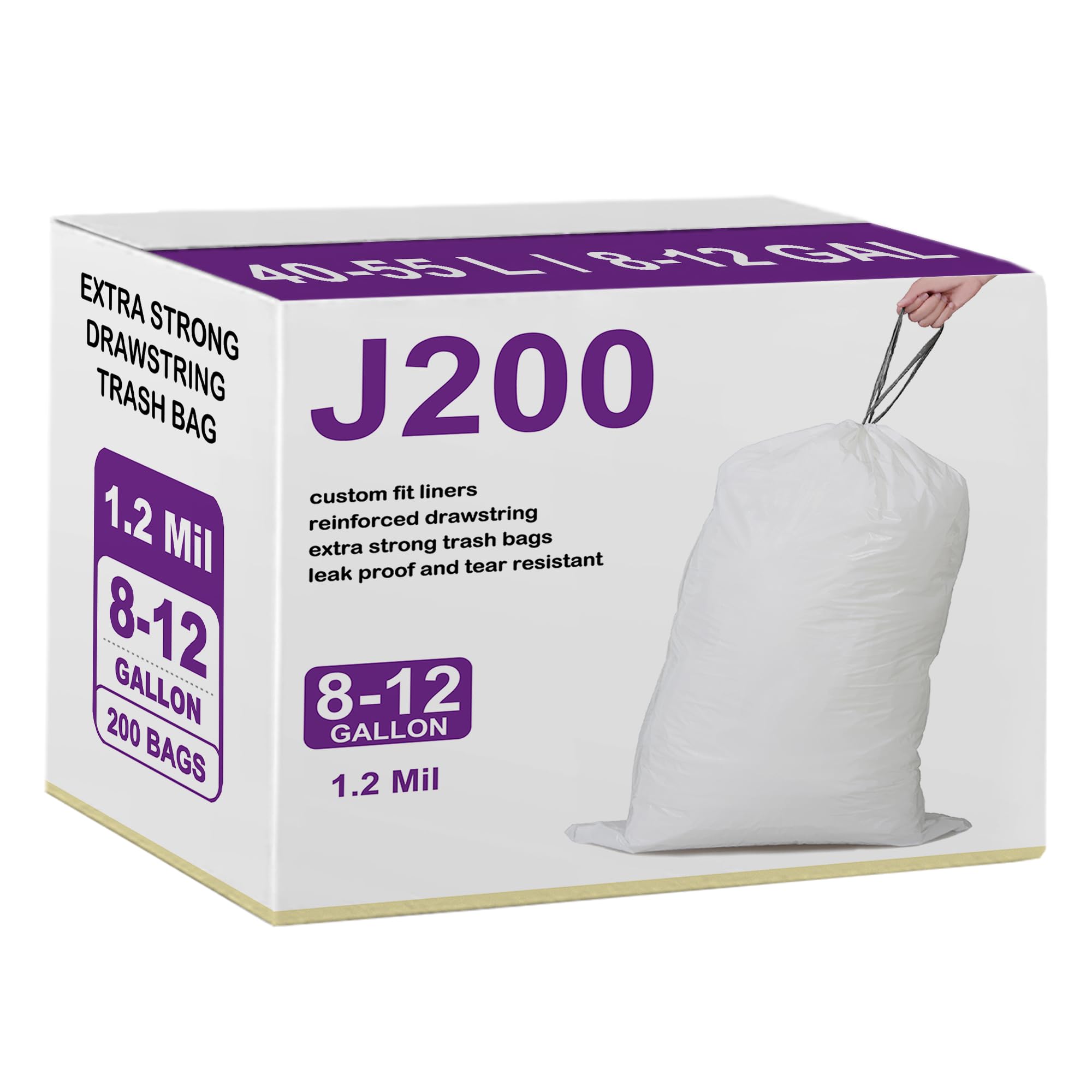 Code J 200 Count Drawstring Trash Bags 1.2 Mil THICK Perfect Fit Compatible with simpIehuman Code J White Garbage Can Liners 8-12 Gallon / 40-55 Liter Heavy Duty Plastic Trash Bags GRAND SAVE!