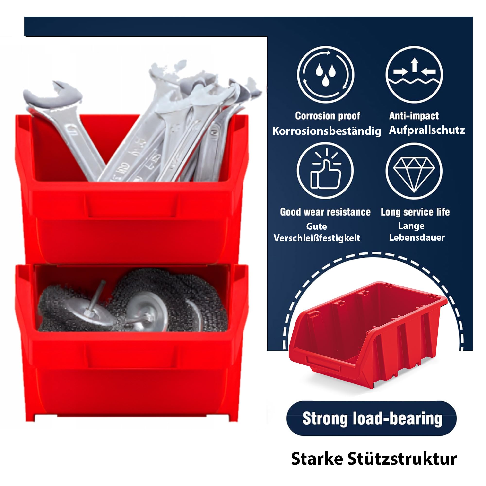 Lot de 5 boîtes empilables d'atelier en plastique PP - Boîtes de rangement pour mur à outils - Rouge - 39 x 24 cm