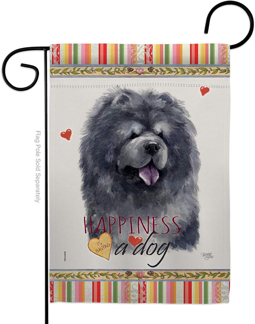 Black Chow Happiness Garden Flag Set Wall Holder Animals Dog Puppy Spoiled Paw Canine Fur Pet Nature Farm Animal Creature Small Decorative Gift Yard House Banner Double-Sided Made In USA 13 X 18.5
