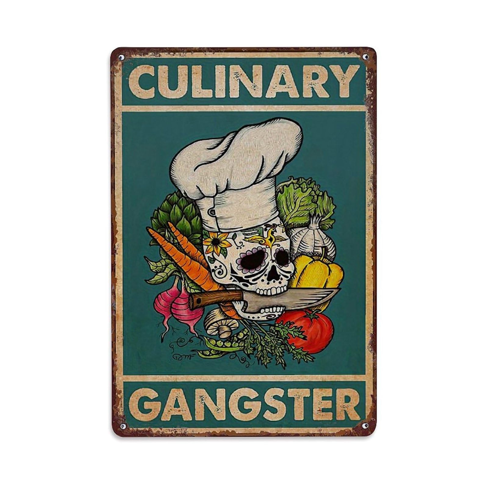 Jdfenggu Vintage Culinary Gangster Skull Chef Vegetables Retro Metal Tin Sign, Metal Poster For Bar, Home, Man Cave, Kitchen, Laundry Room Art Decor 8X12 Inch
