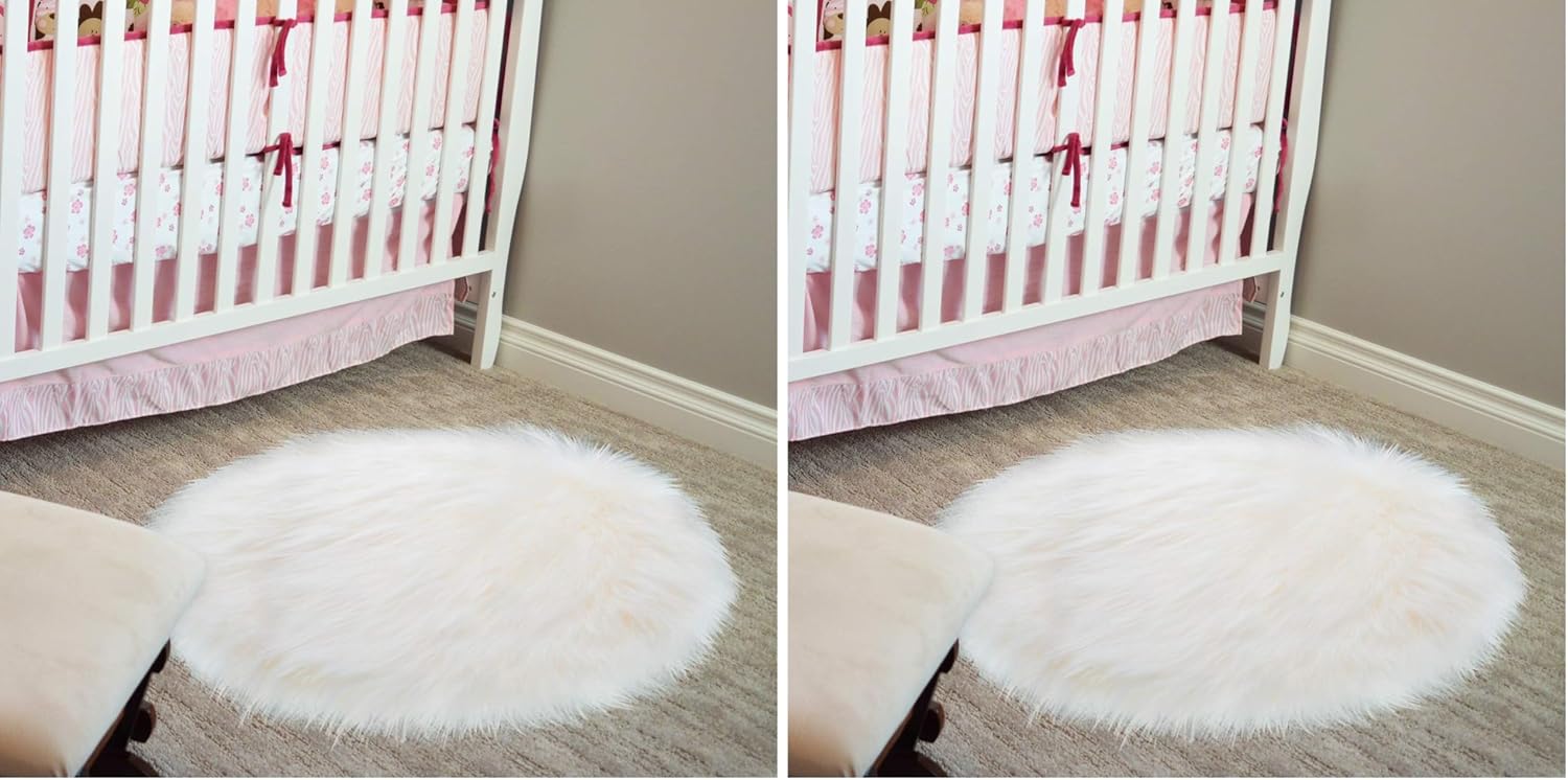Mudder 20 Inch White Fluffy Round Rug, Faux Fur Plush Shaggy Circle Carpet for Living Room, Bedroom, Nursery, Soft Area Rug for Chair, Background for Nail Desk Photos (Pack of 2)