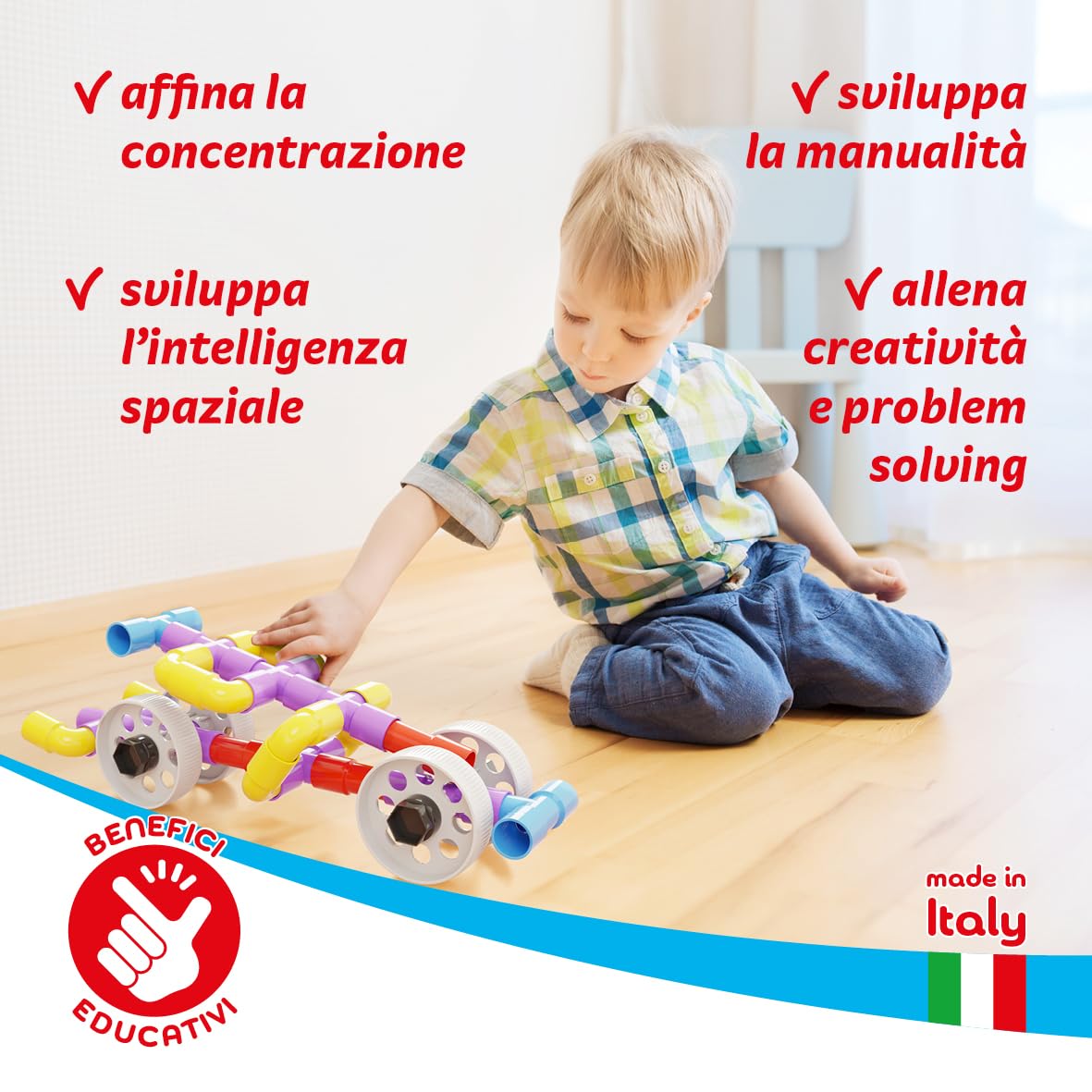 Quercetti Tubation Wheels 68 Pezzi, Giochi Bambini 3 Anni, Costruzioni per Bambini 3 Anni con Tubi Colorati e Ruote, Giochi Educativi e Giochi Creativi, Giochi per Bambini, Made in Italy