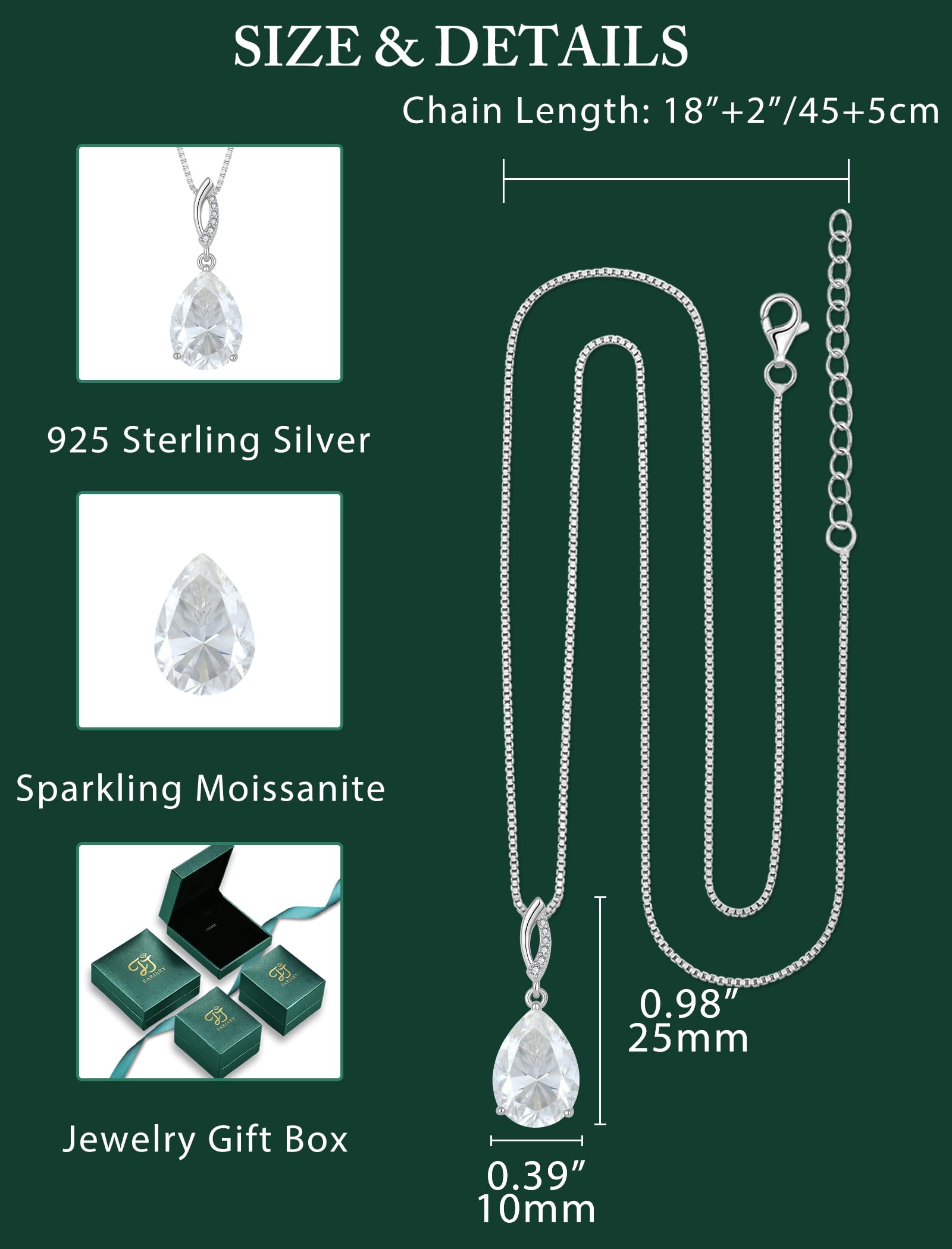 FJ 6ct Moissanite Halskette Damen 925 Sterling Silber Kette Tropfenform Anhänger Schmuck Geschenk für Frauen Mama Frau