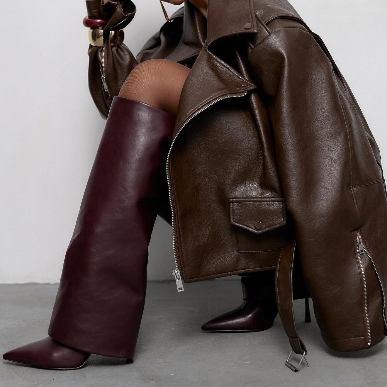 Knee High Boots Women Fold Over Boots Pointed Toe Stiletto Heel Long Shark Tall Boots with Zipper - Image 8