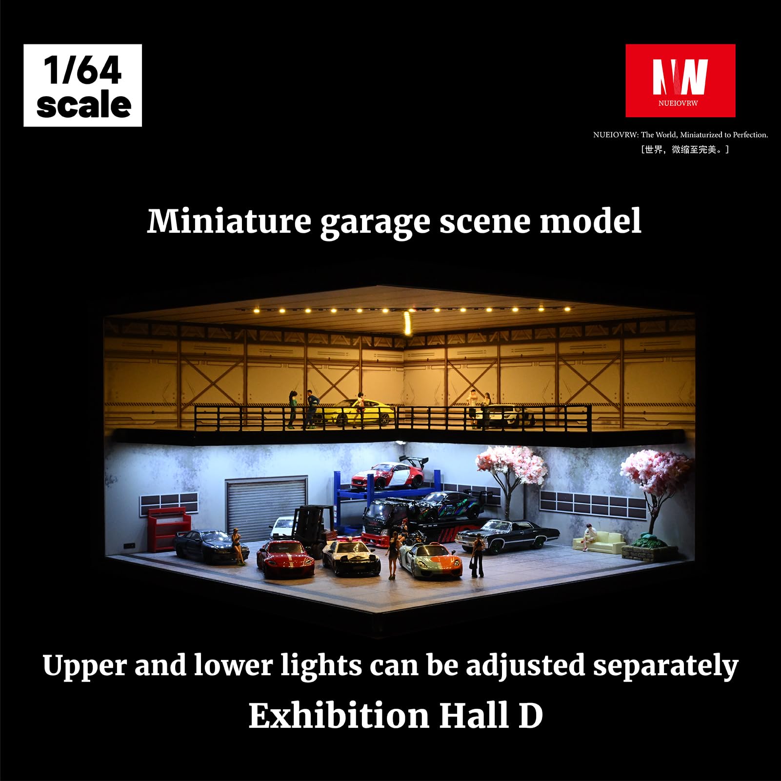 1/64 Diorama Garage Modell, Dreifarbige Beleuchtung Parkplatz Szene Display Case, Modellautos Szene Vitrine, Diecast-Modellautoszene mit 10 Helligkeitsstufen, 20 Fahrzeuge Stehen zur Verfügung(D)
