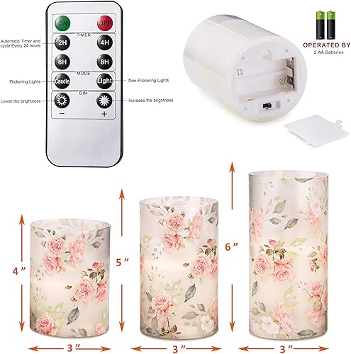 Miniatura 4 de PETRISTRIKE Velas rosas sin llama con control remoto y temporizador, velas de vidrio parpadeantes, velas LED de pilar con batería con temática de