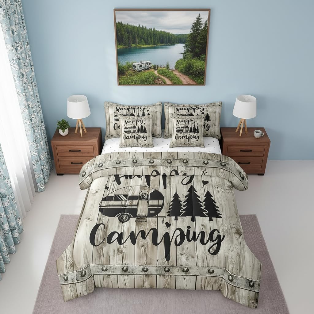 Castle Fairy Camping Truck Queen Comforter Set with Sheets 7 Pcs,RV Camper Comforter Blanket Boys Girls,Farmhouse Bedding Sets with Comforter,Flat,Fitted Sheet,Pillowcases,Pillow Covers,Khaki Gray