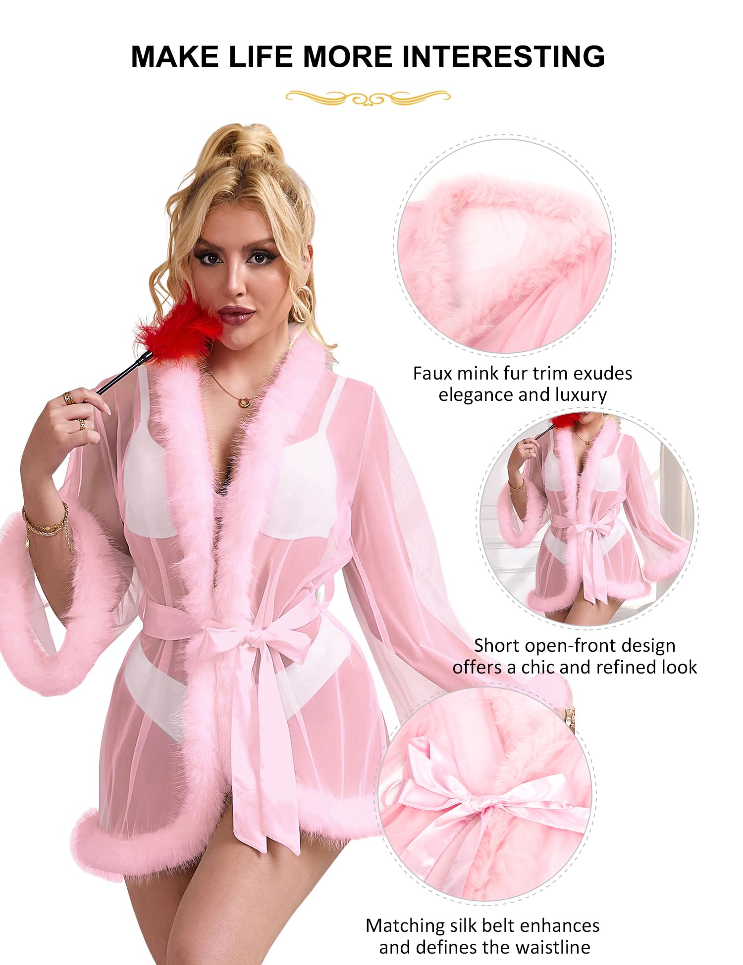 ohyeahlady Kimono Femme Sexy Court Grande Taille avec Fourrure Peignoir Kimono Maille Robe Chic Robe de Chambre Chemise de Nuit Robe de Nuit Lingerie Transparente avec Ceinture