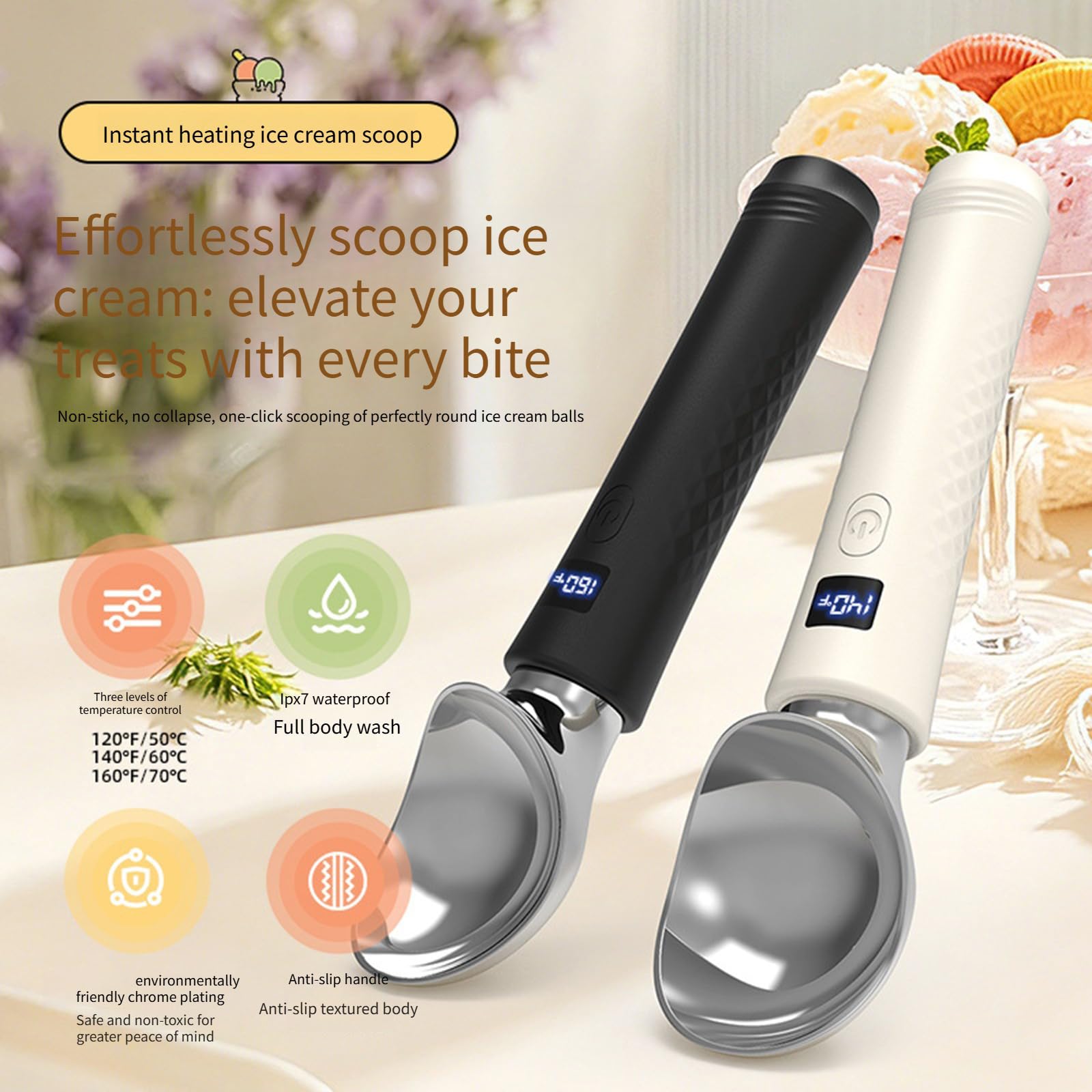 PANGBOER Cuillère à Glace chauffante électrique avec poignée en Silicone antidérapante, cuillères imperméables Rechargeables pour friandises glacées dures, cuillère Rechargeable