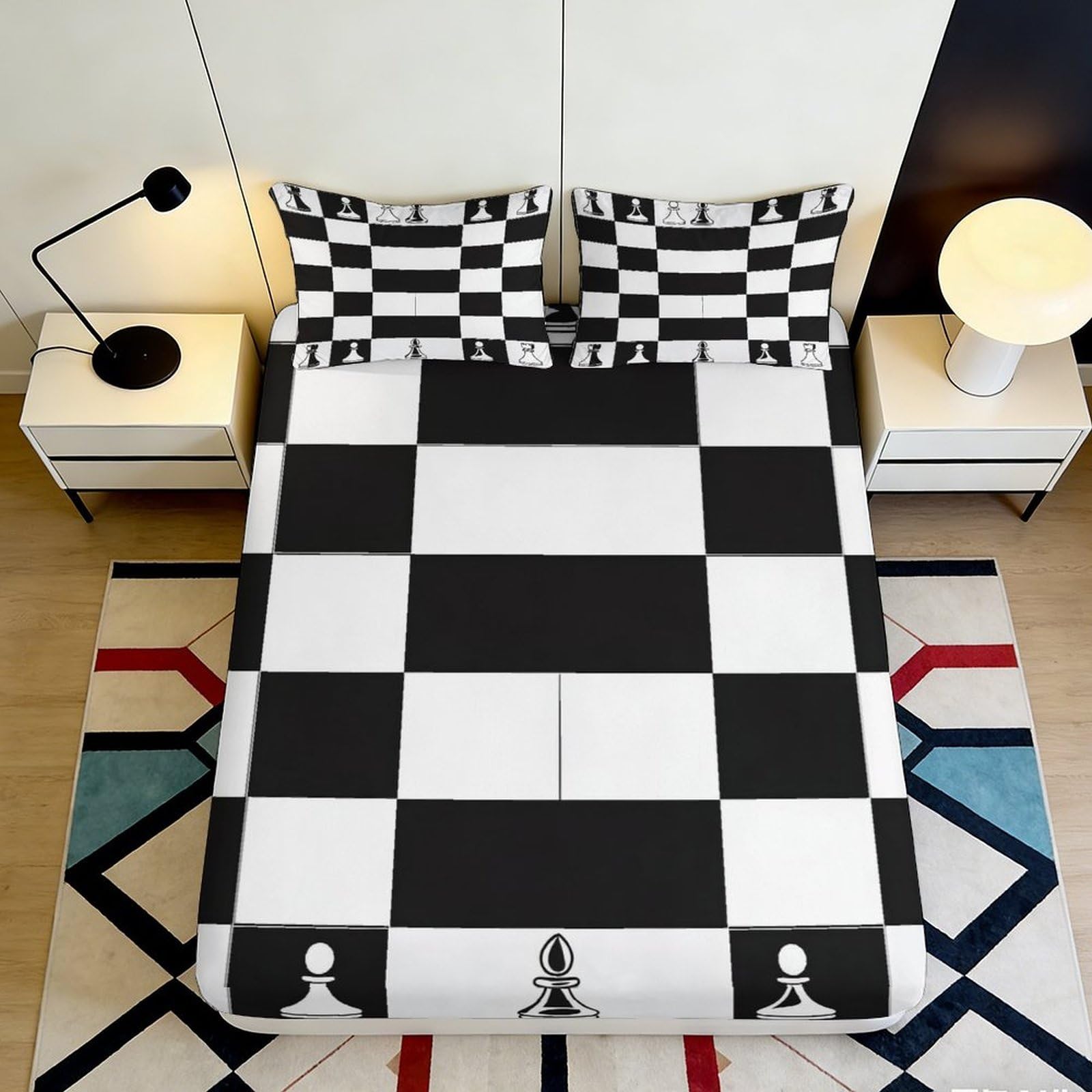 3D Printed Chessboard Fitted Sheet Microfiber Deep Pocket Non-Slip Chess Pattern Mattress Fitted Cover Bedroom Bedding 140x200x25cm